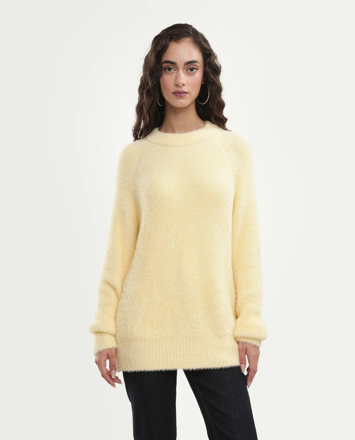 Rareism Women's Mitsi Light Yellow Nylon Crew Neck Relaxed Fit Plain Sweater