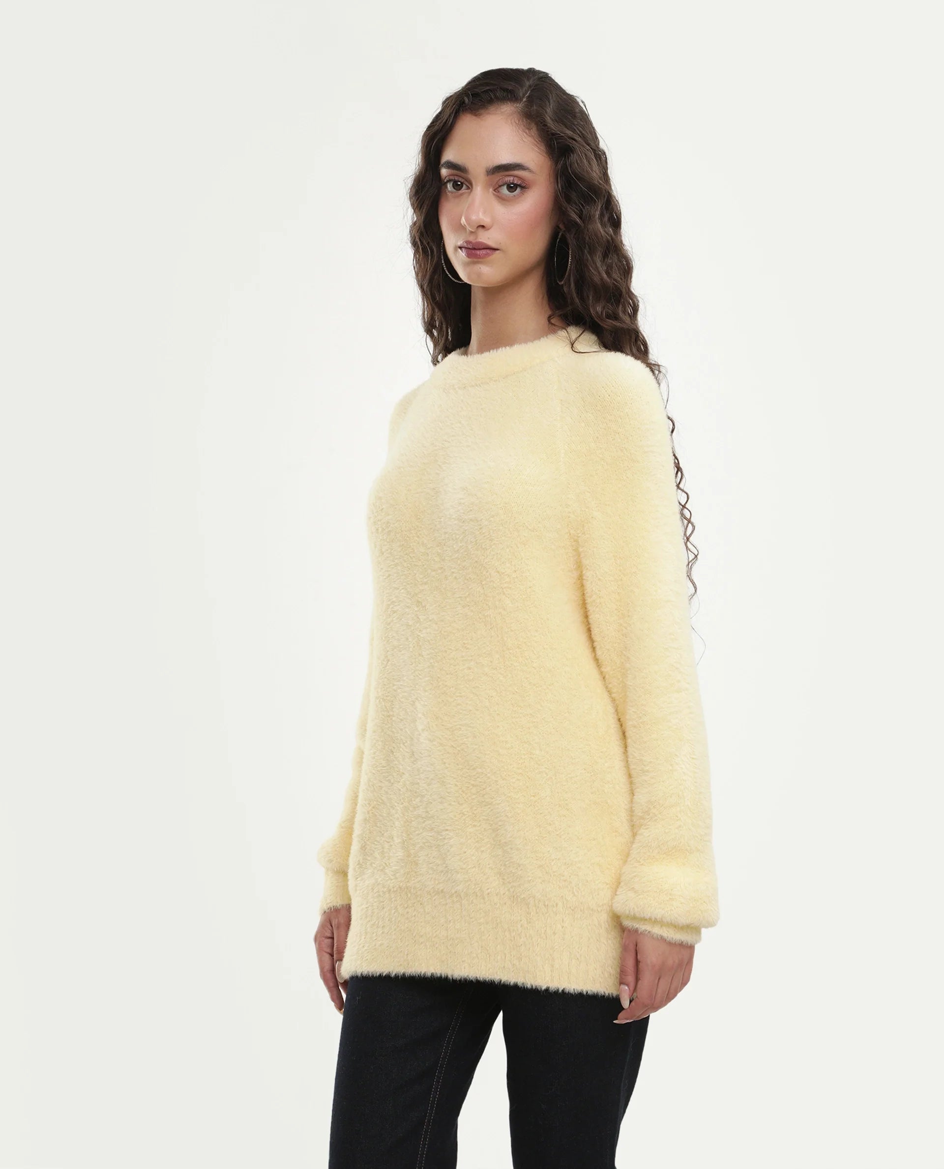 Rareism Women's Mitsi Light Yellow Nylon Crew Neck Relaxed Fit Plain Sweater