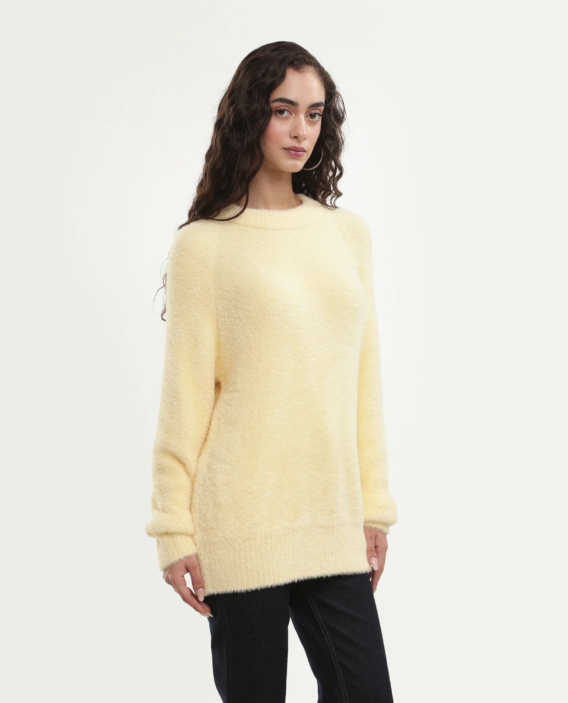 Rareism Women's Mitsi Light Yellow Nylon Crew Neck Relaxed Fit Plain Sweater