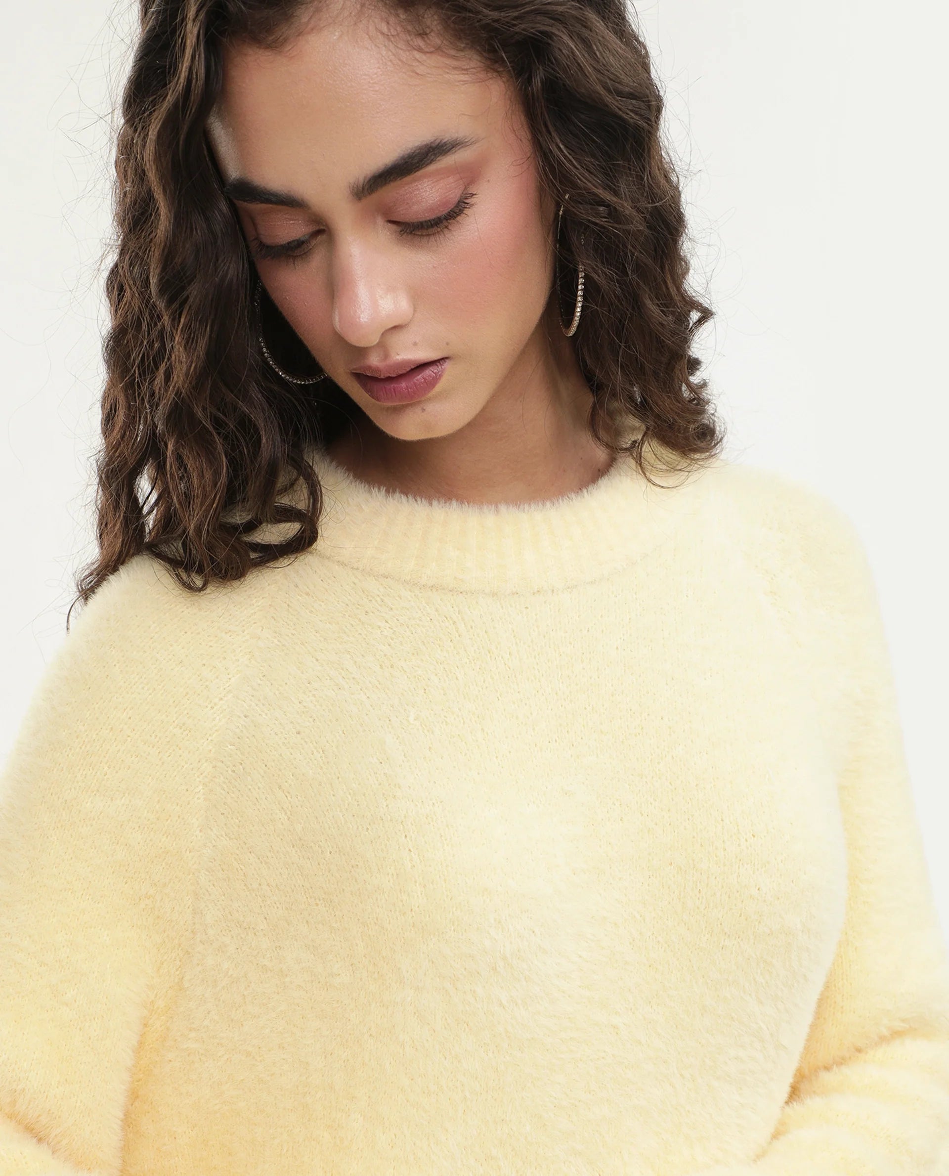 Rareism Women's Mitsi Light Yellow Nylon Crew Neck Relaxed Fit Plain Sweater