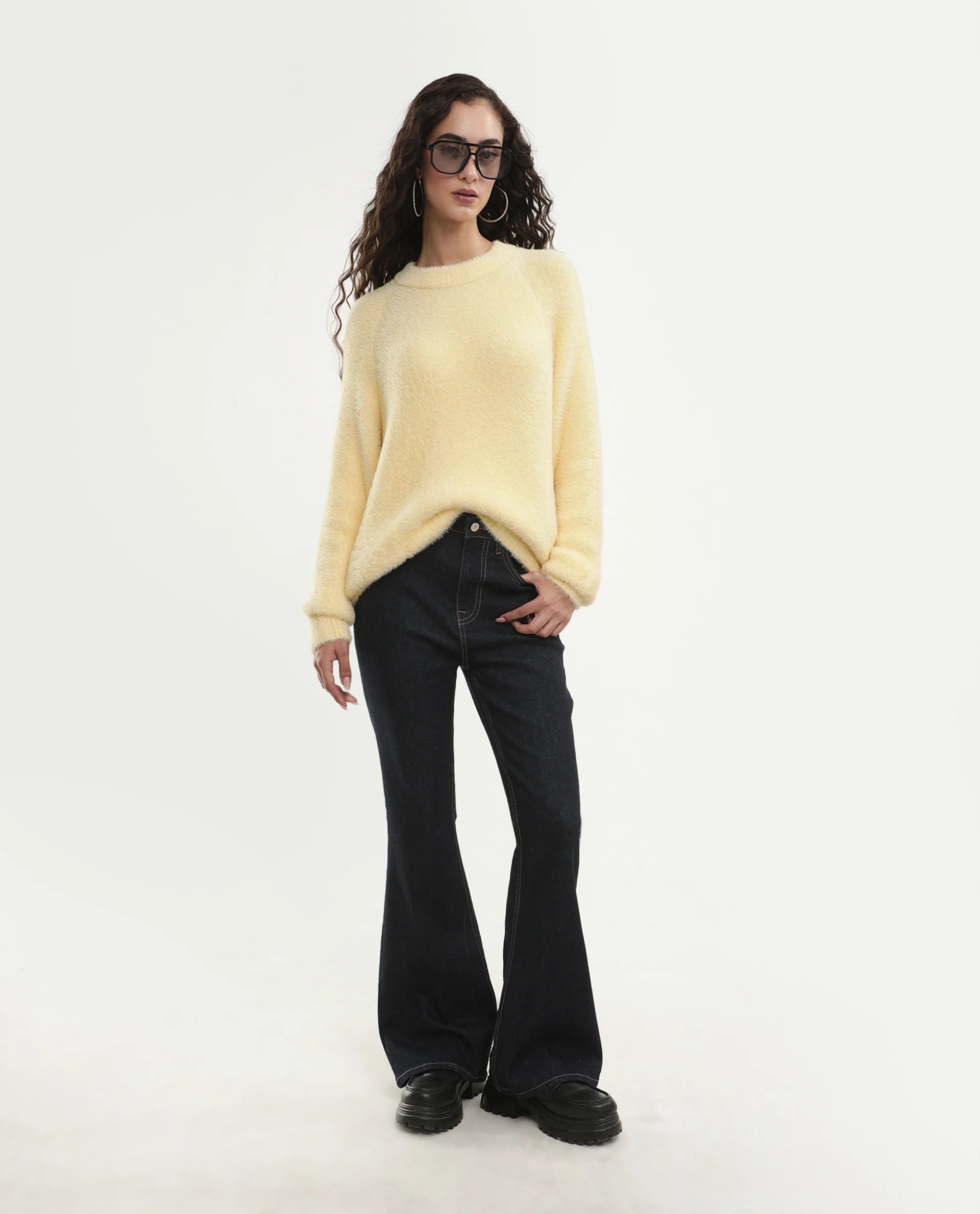 Rareism Women's Mitsi Light Yellow Nylon Crew Neck Relaxed Fit Plain Sweater
