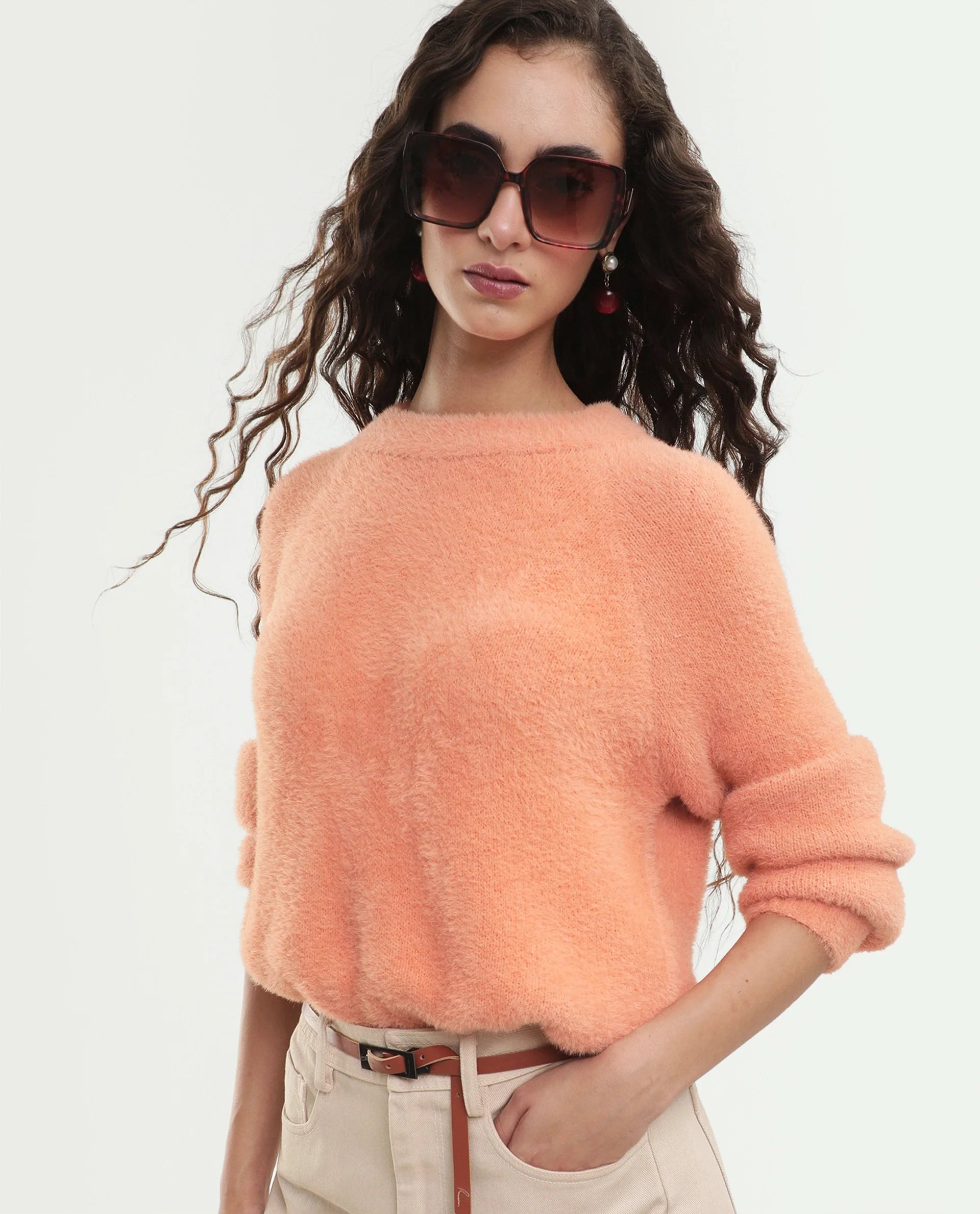 Rareism Women's Mitsi Light Orange Nylon Crew Neck Relaxed Fit Plain Sweater