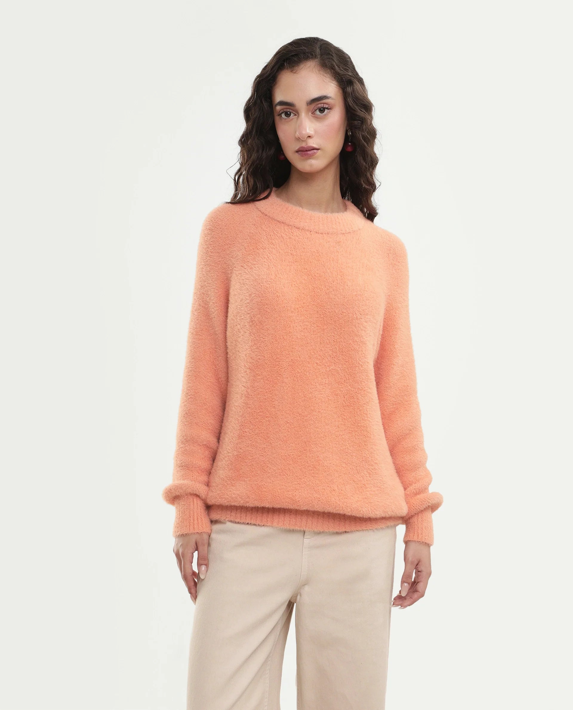 Rareism Women's Mitsi Light Orange Nylon Crew Neck Relaxed Fit Plain Sweater