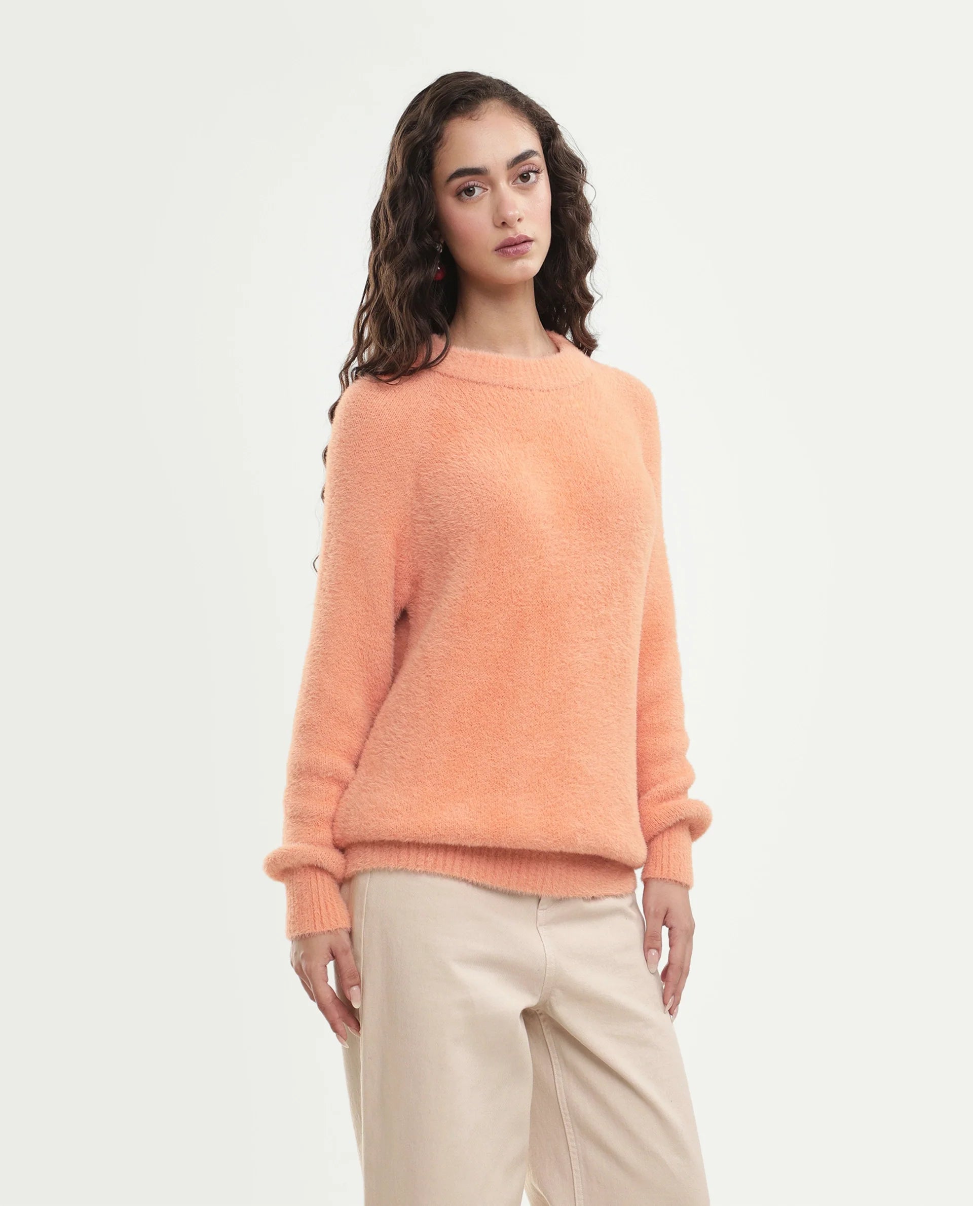Rareism Women's Mitsi Light Orange Nylon Crew Neck Relaxed Fit Plain Sweater