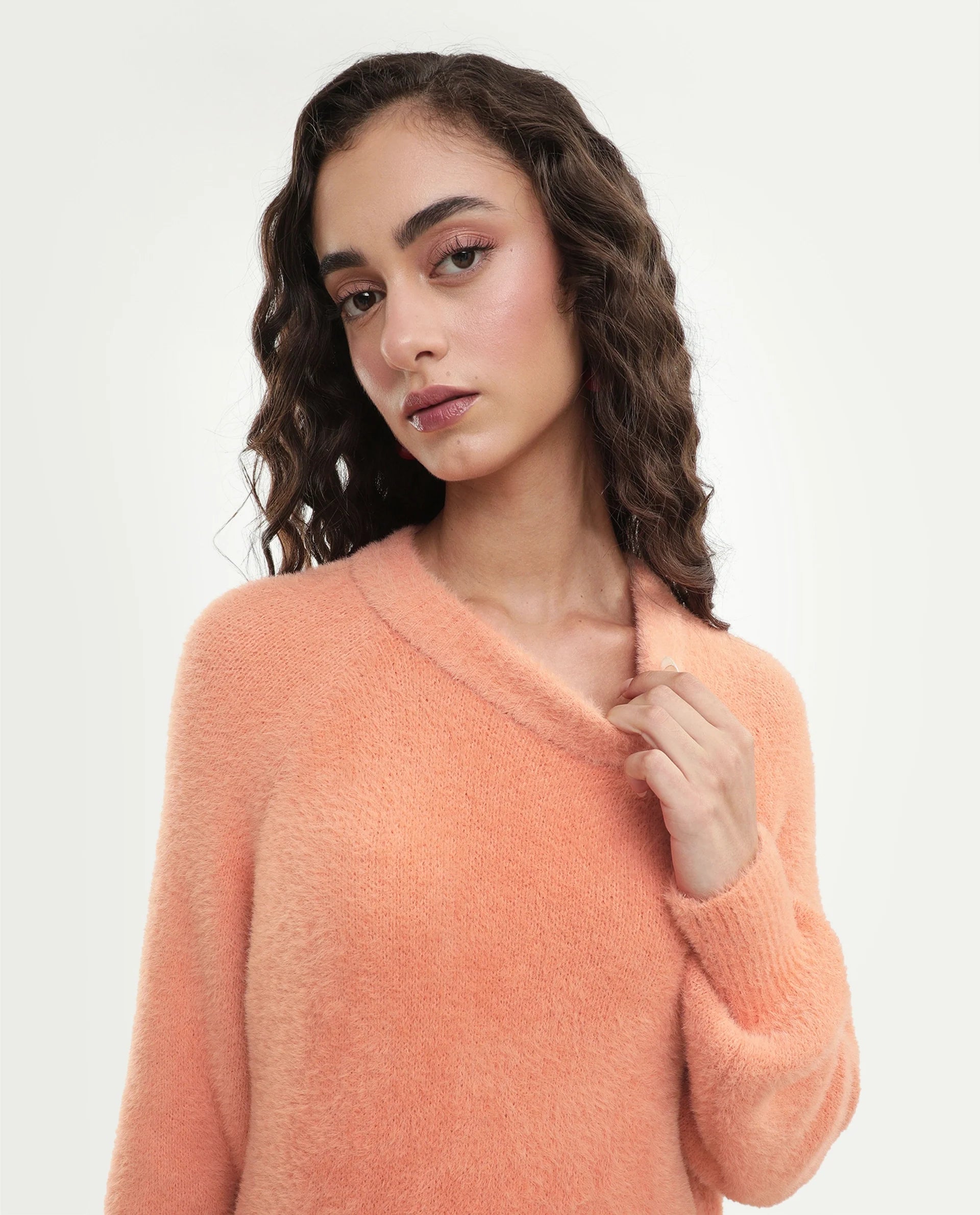 Rareism Women's Mitsi Light Orange Nylon Crew Neck Relaxed Fit Plain Sweater