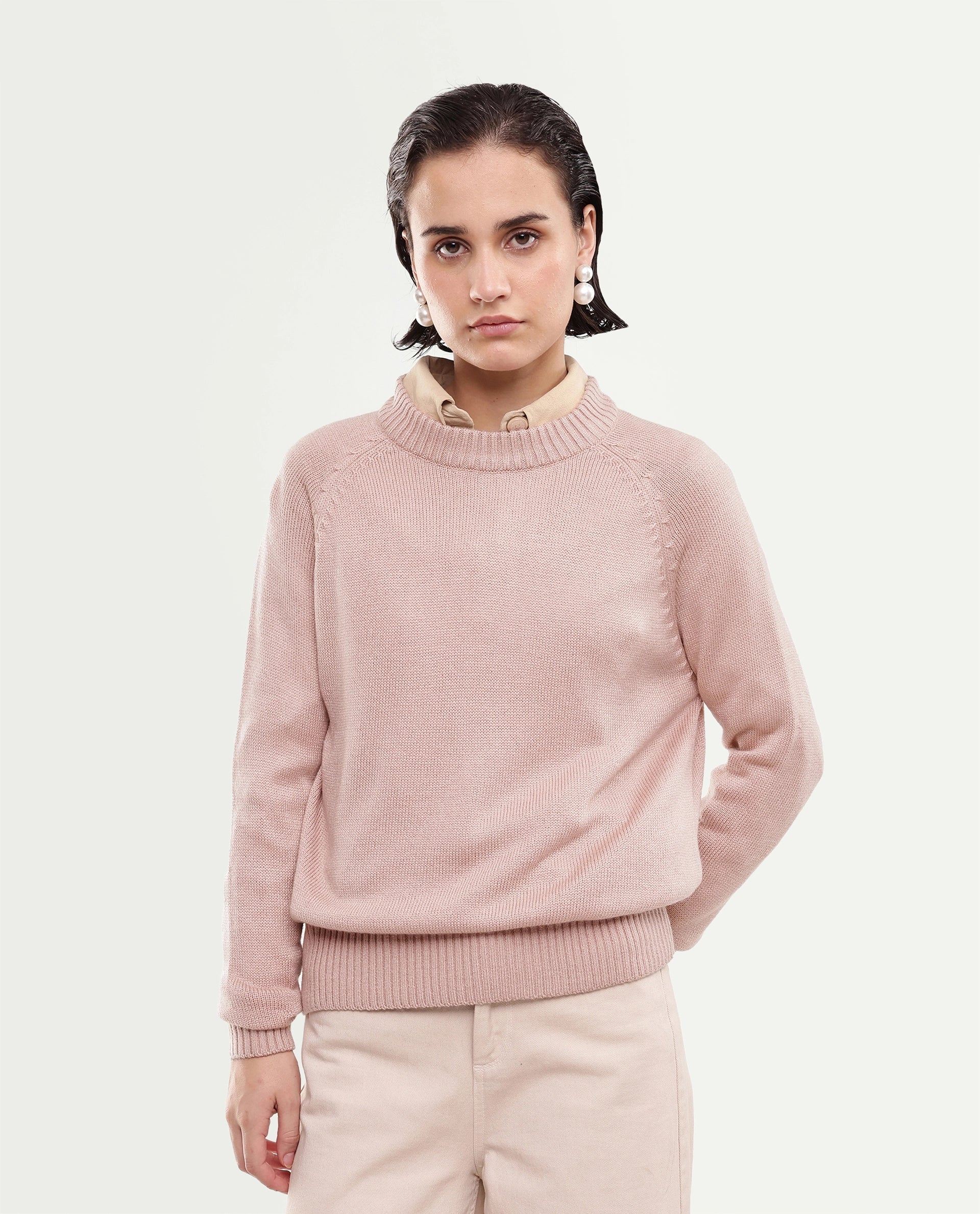 Rareism Women's Mitso Dusky Pink Plain Acrylic Relaxed Long Sleeves Sweater