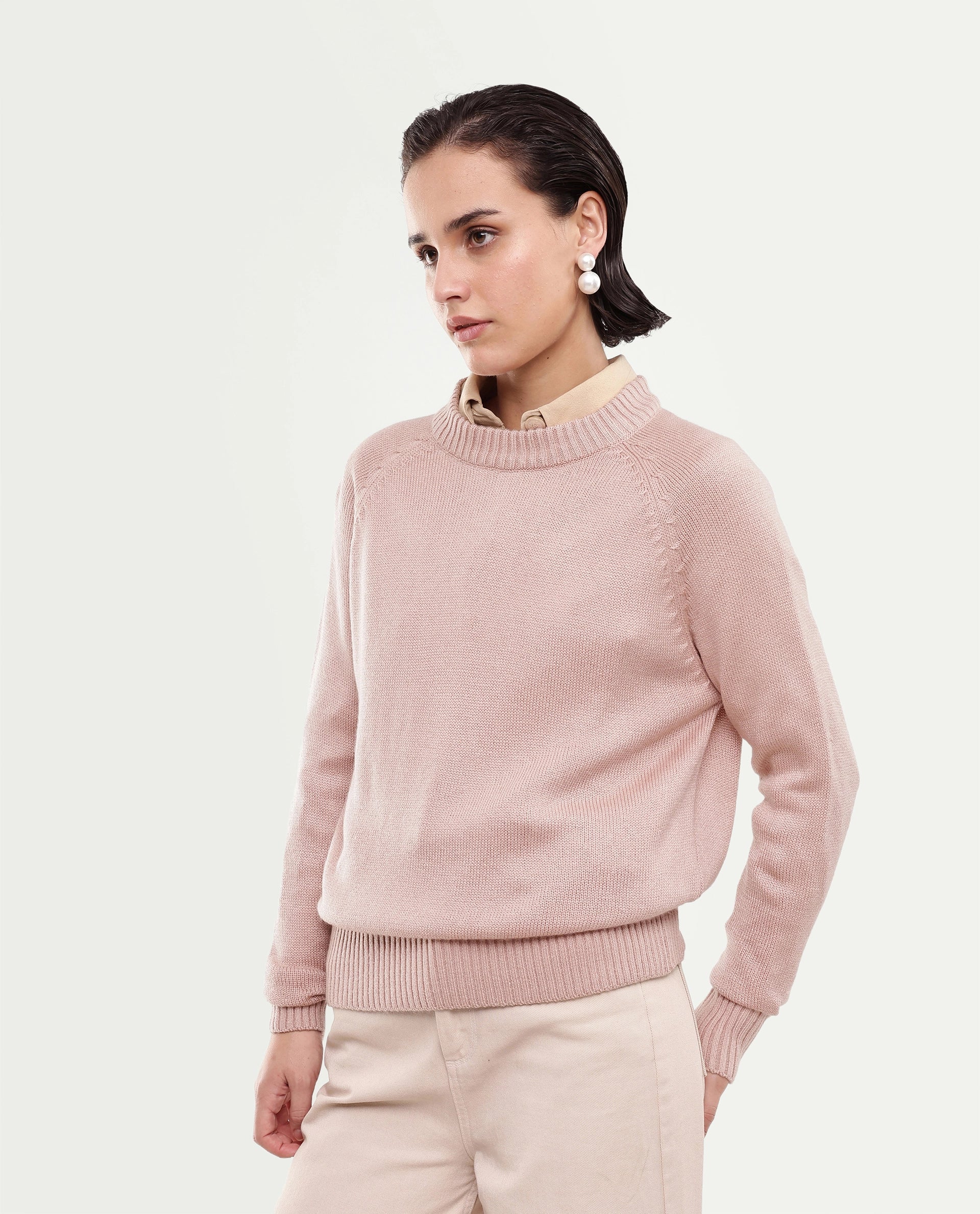 Rareism Women's Mitso Dusky Pink Plain Acrylic Relaxed Long Sleeves Sweater