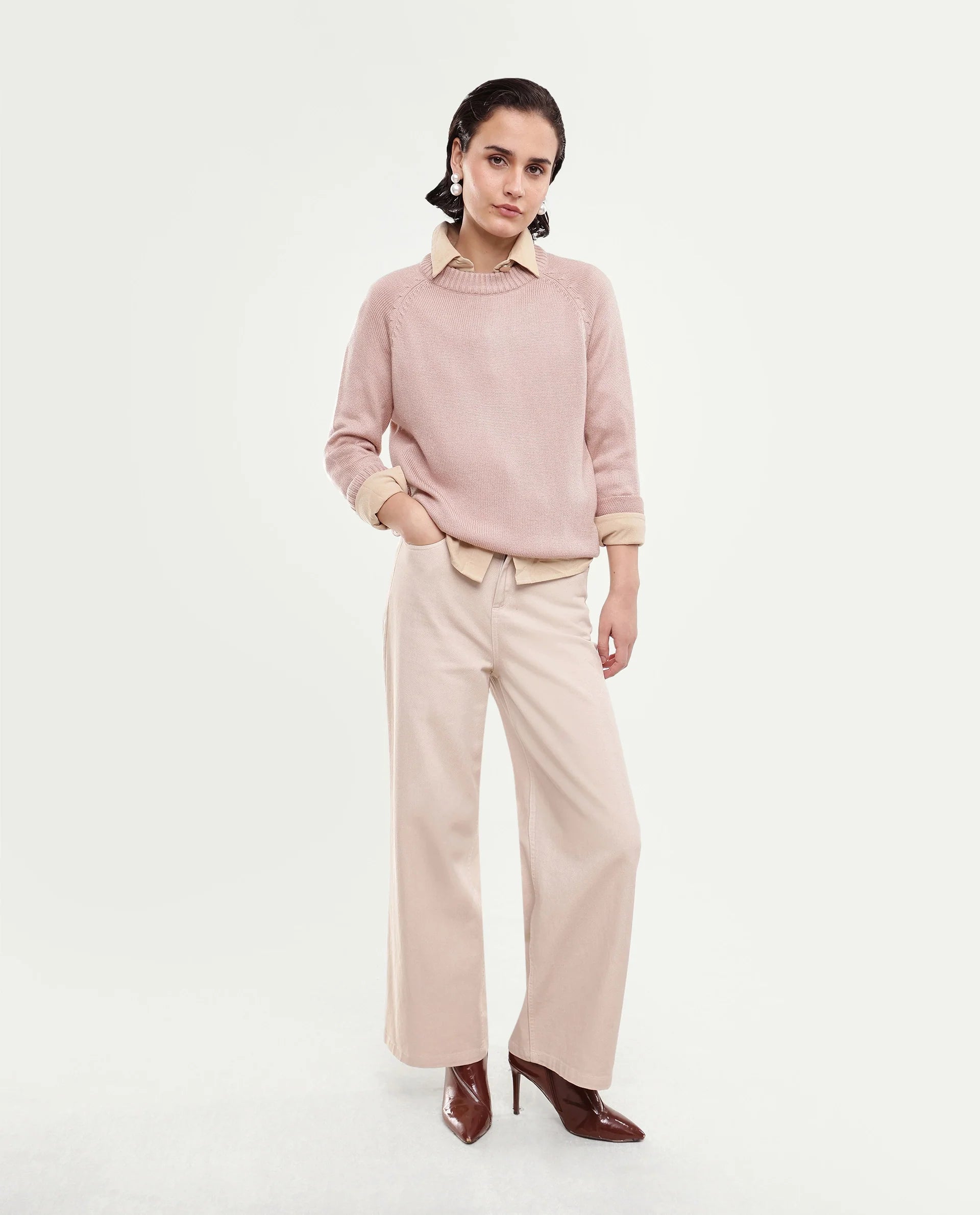 Rareism Women's Mitso Dusky Pink Plain Acrylic Relaxed Long Sleeves Sweater