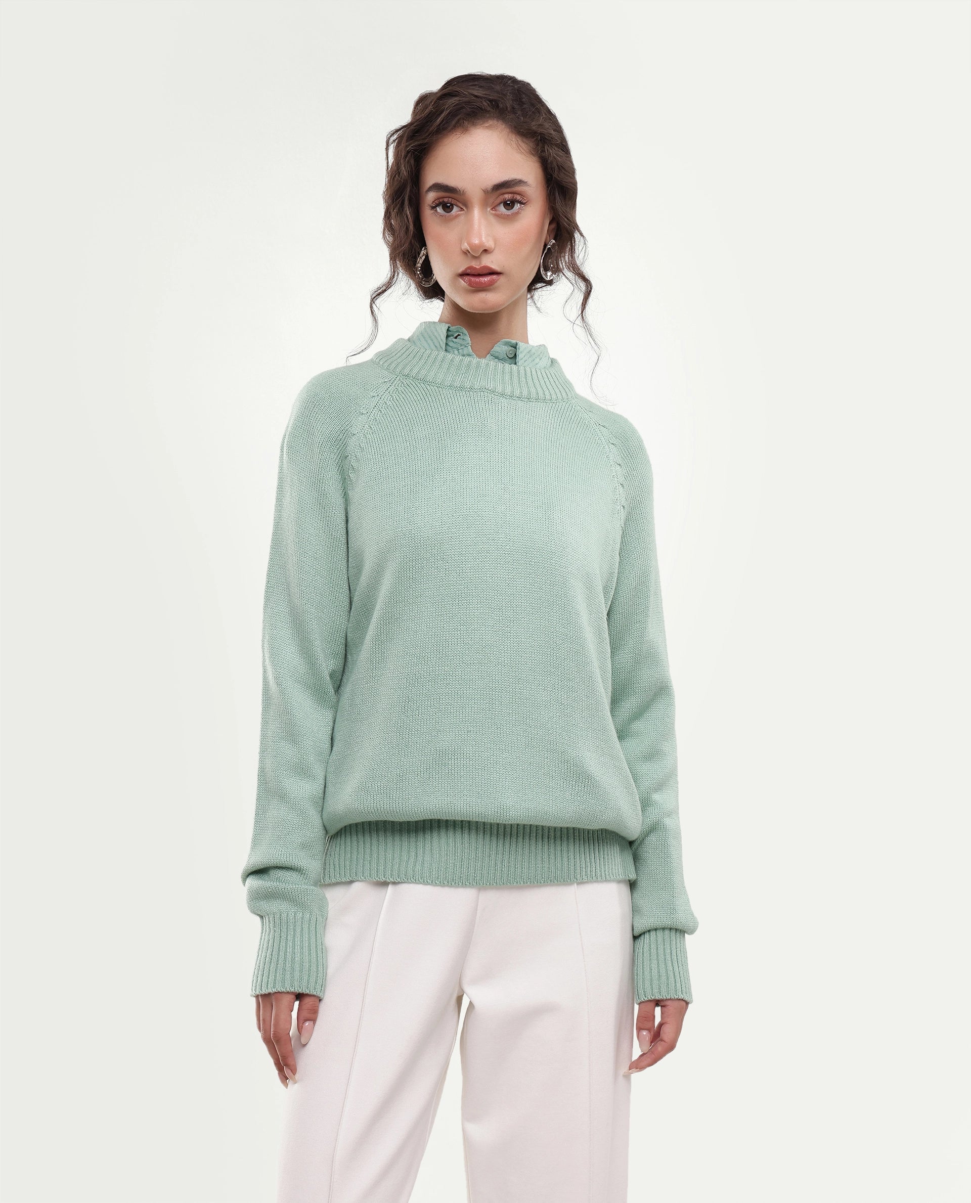 Rareism Women's Mitso Light Blue Plain Acrylic Relaxed Long Sleeves Sweater