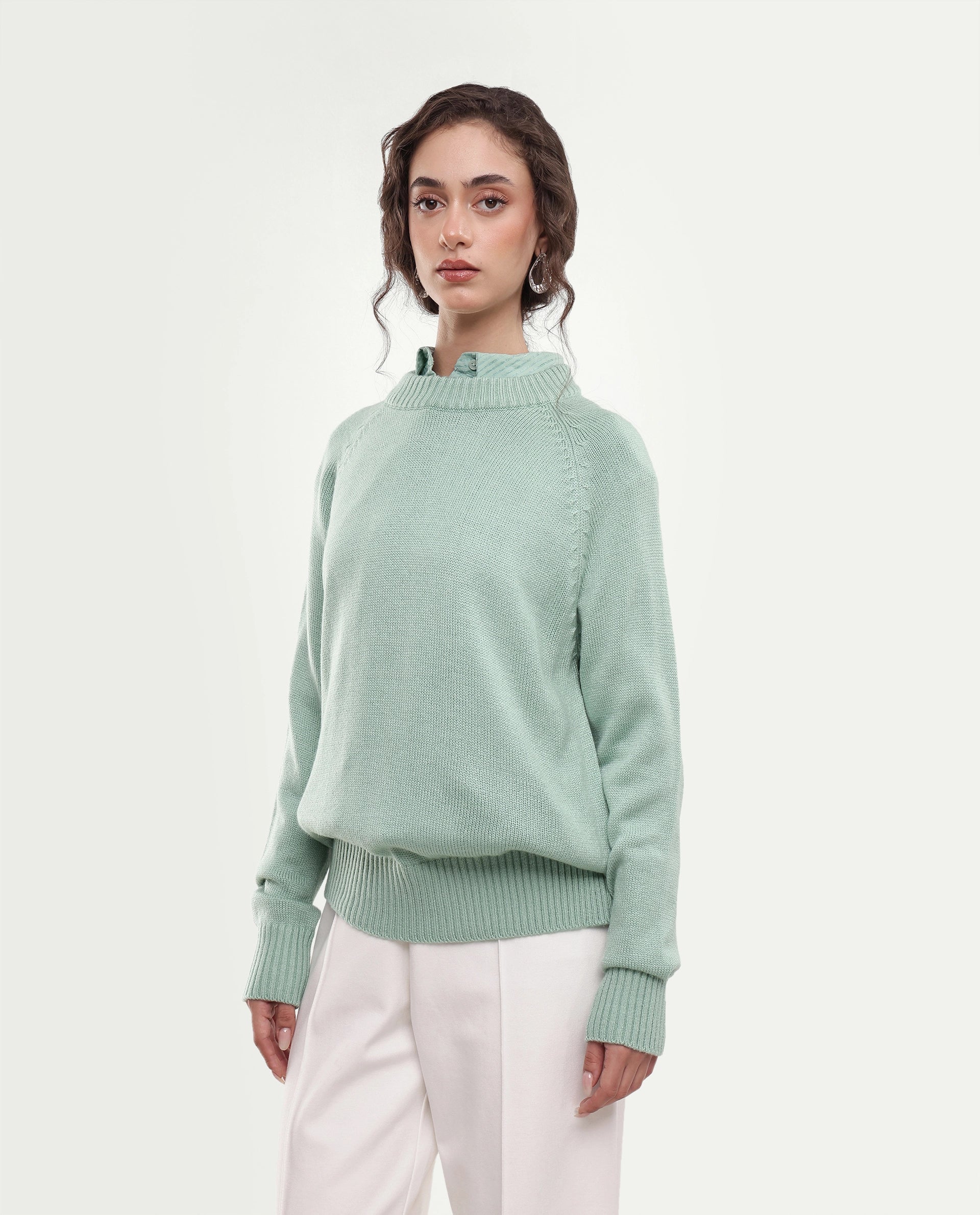 Rareism Women's Mitso Light Blue Plain Acrylic Relaxed Long Sleeves Sweater