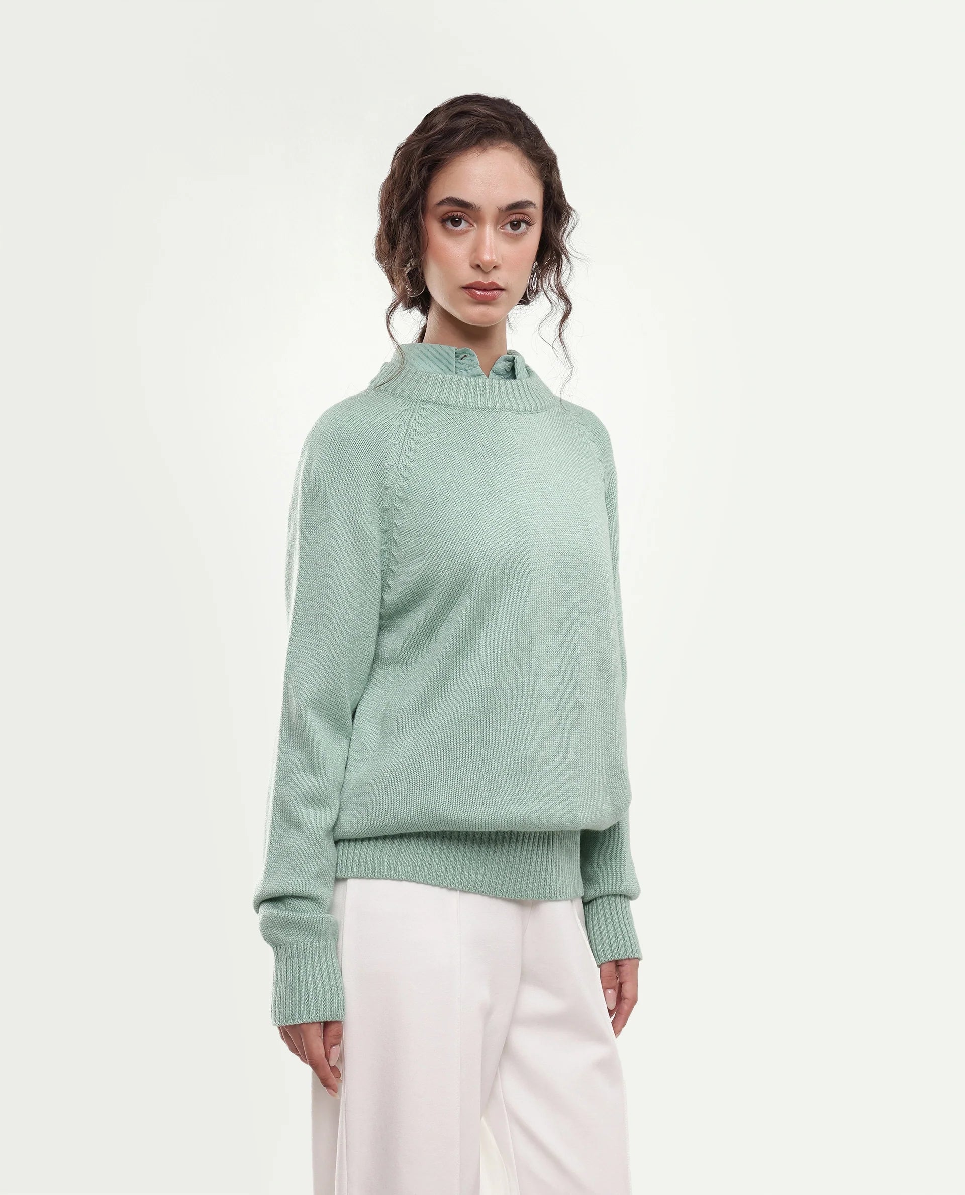 Rareism Women's Mitso Light Blue Plain Acrylic Relaxed Long Sleeves Sweater