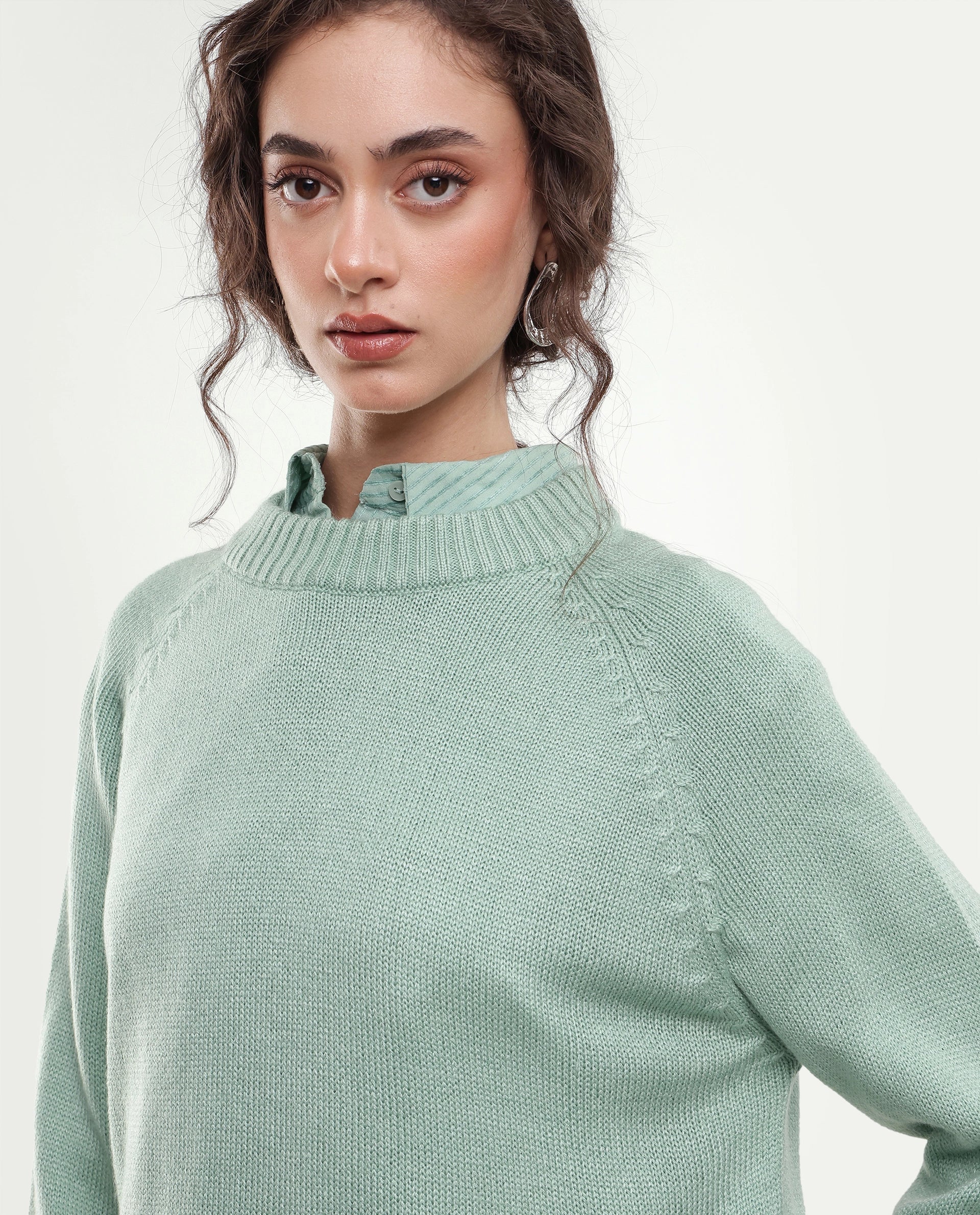 Rareism Women's Mitso Light Blue Plain Acrylic Relaxed Long Sleeves Sweater