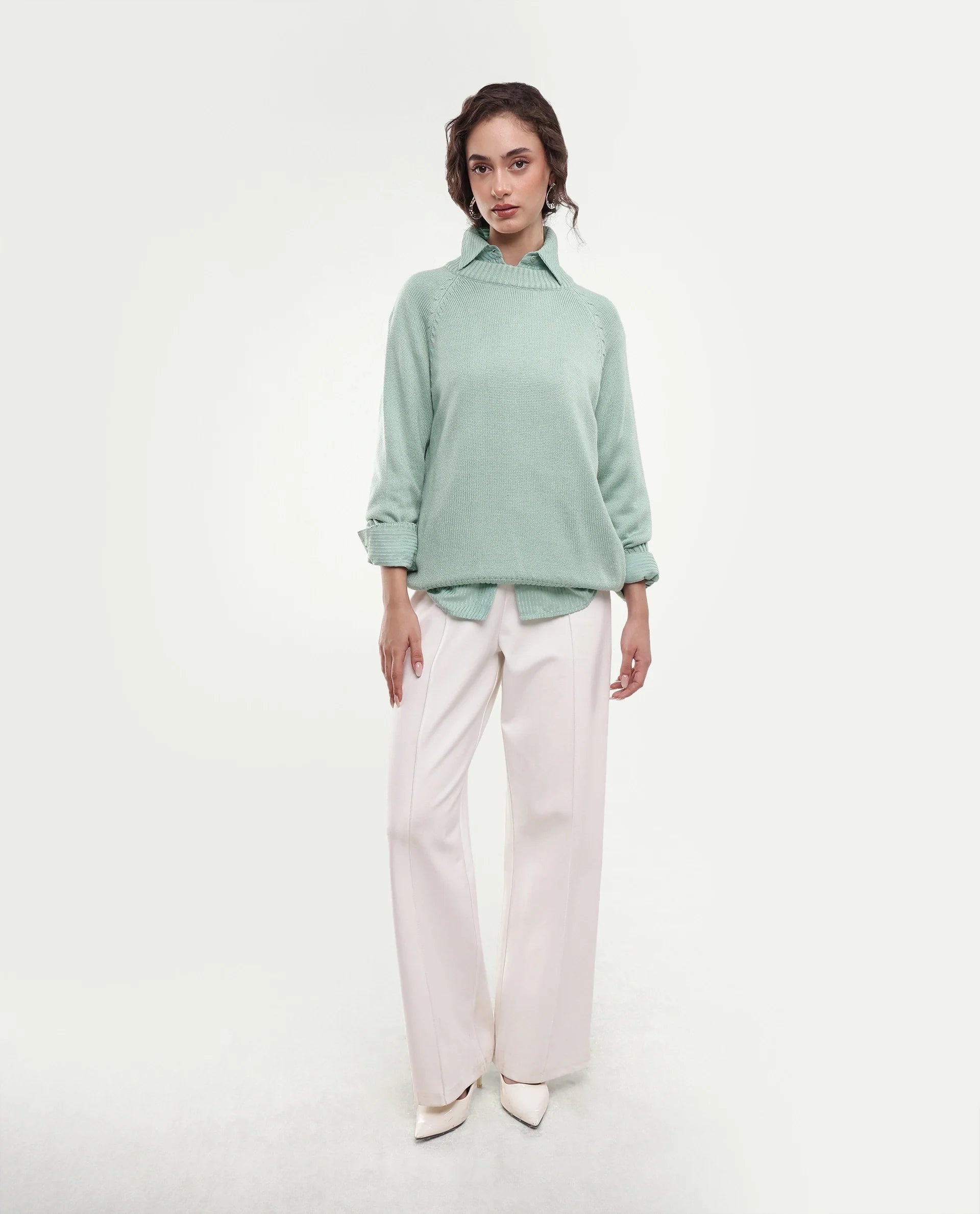 Rareism Women's Mitso Light Blue Plain Acrylic Relaxed Long Sleeves Sweater