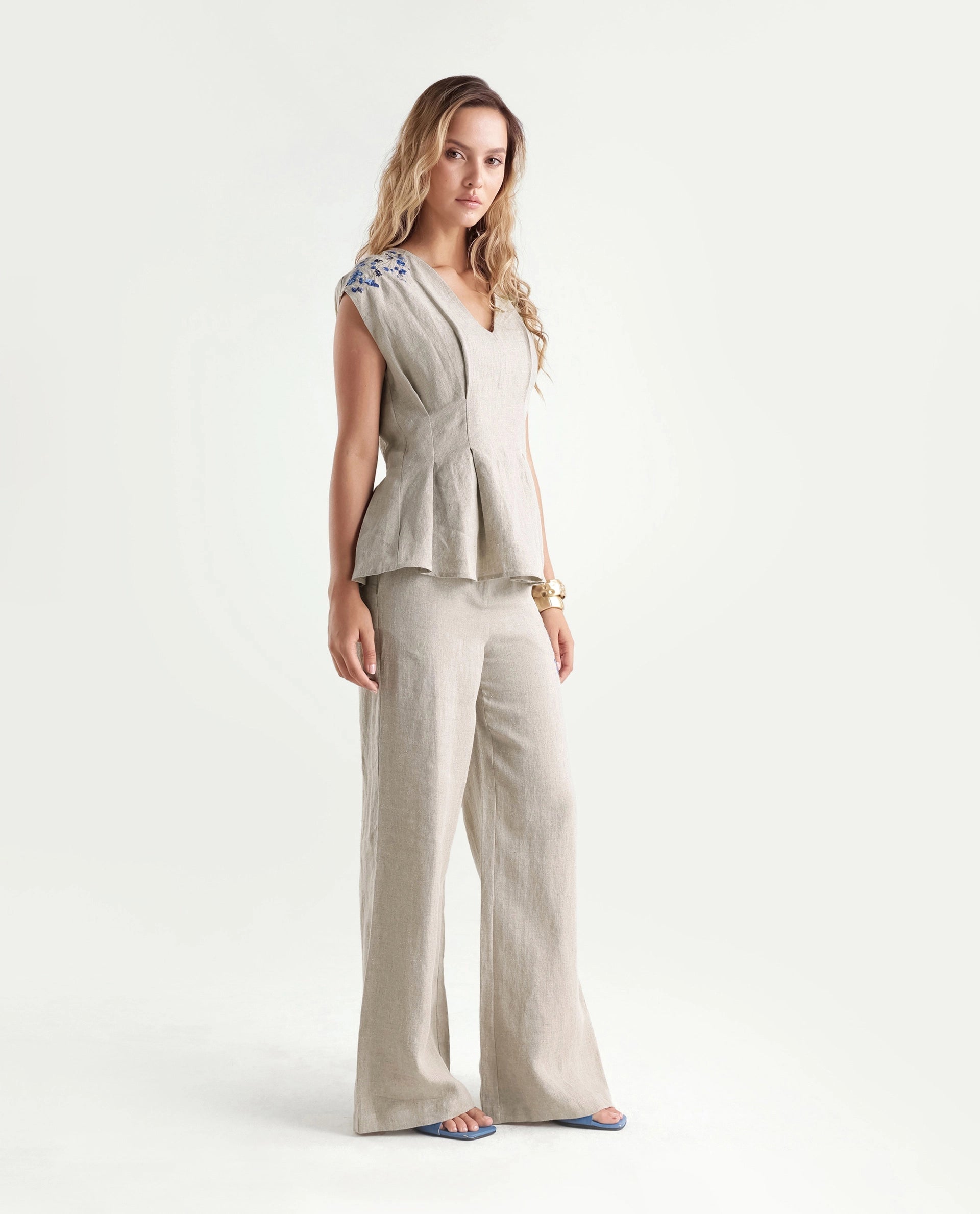 Rareism Women's Rubin-T Dusky Beige Plain Linen Regular Sleeveless Top