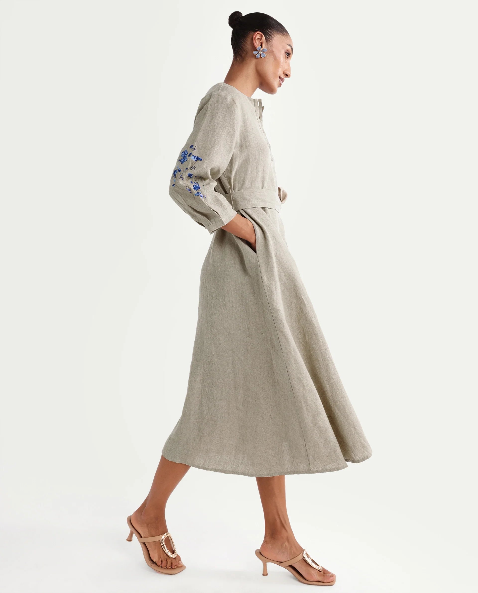 Rareism Women's Rubinot Dusky Beige 100% Linen Crew Neck Button A-Line Plain Dress