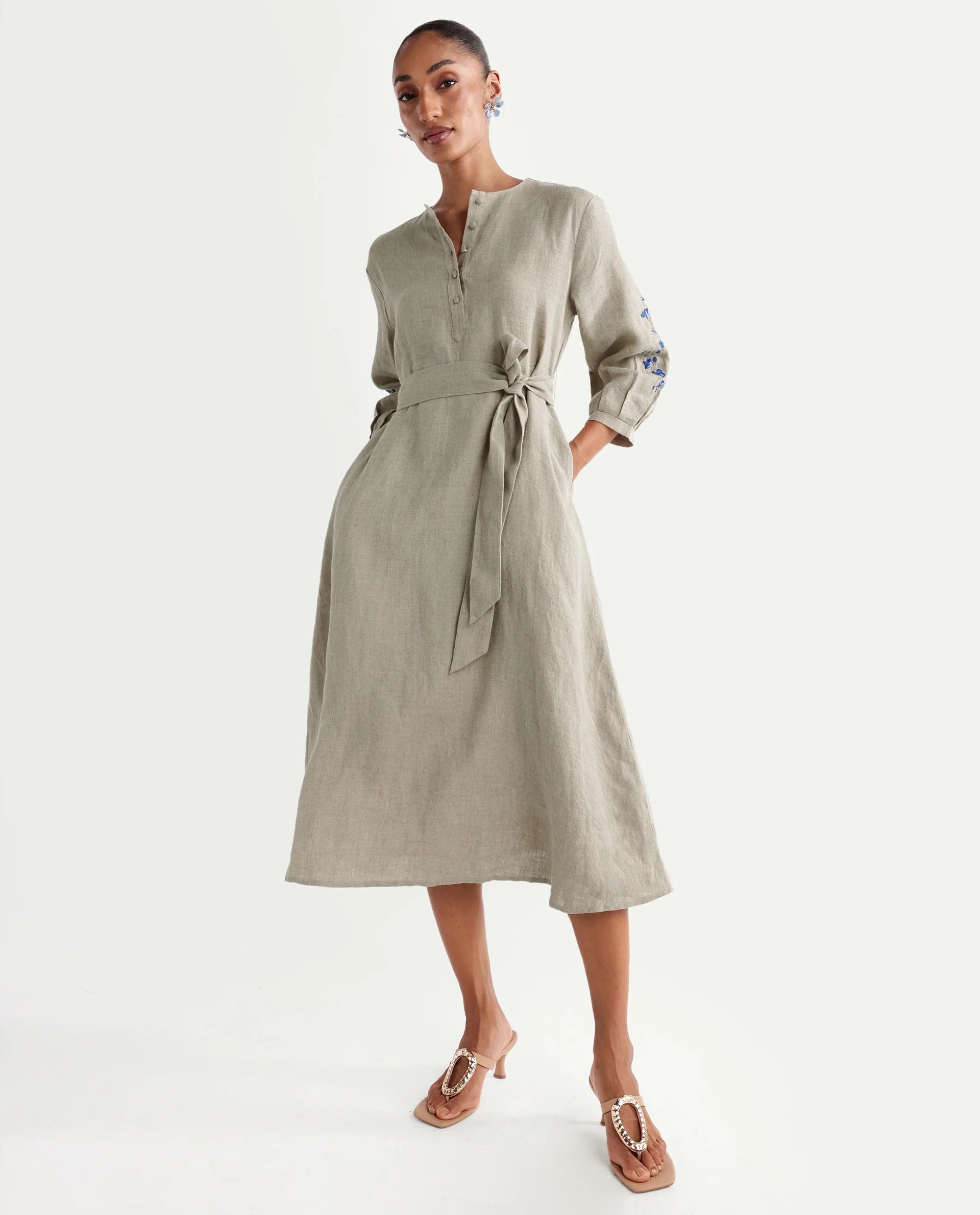 Rareism Women's Rubinot Dusky Beige 100% Linen Crew Neck Button A-Line Plain Dress