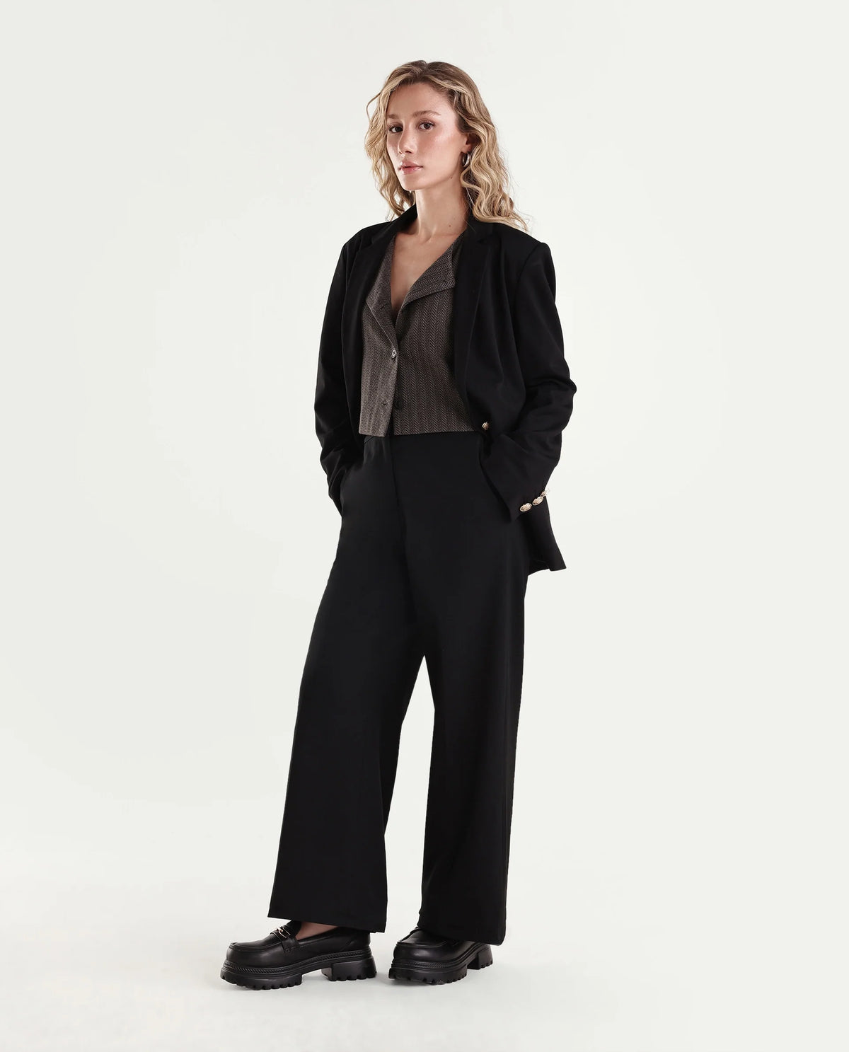 Rareism Women's Widraw Primary Black Polyester Blend Button And Zip Wide Leg Plain Trouser