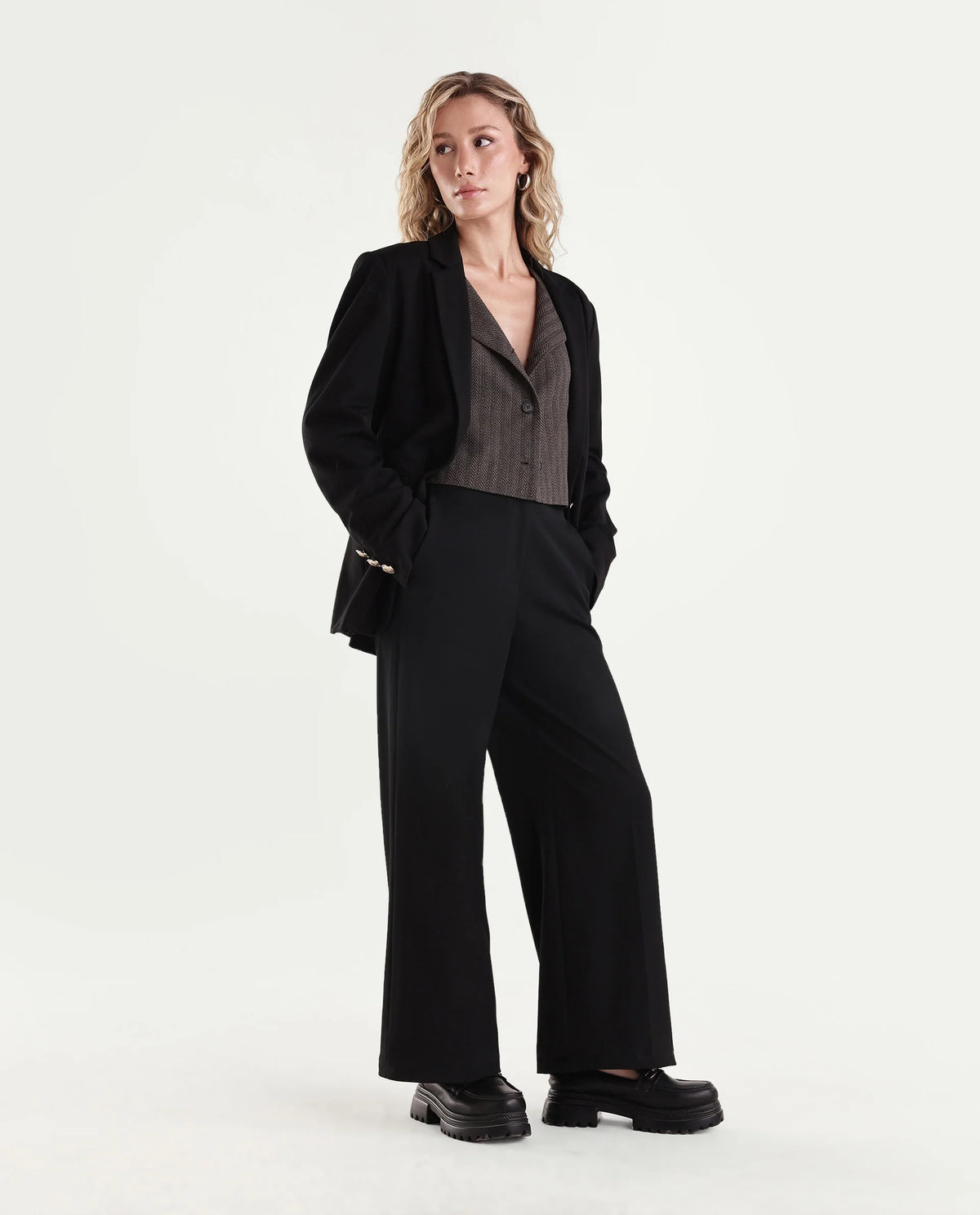 Rareism Women's Widraw Primary Black Polyester Blend Button And Zip Wide Leg Plain Trouser