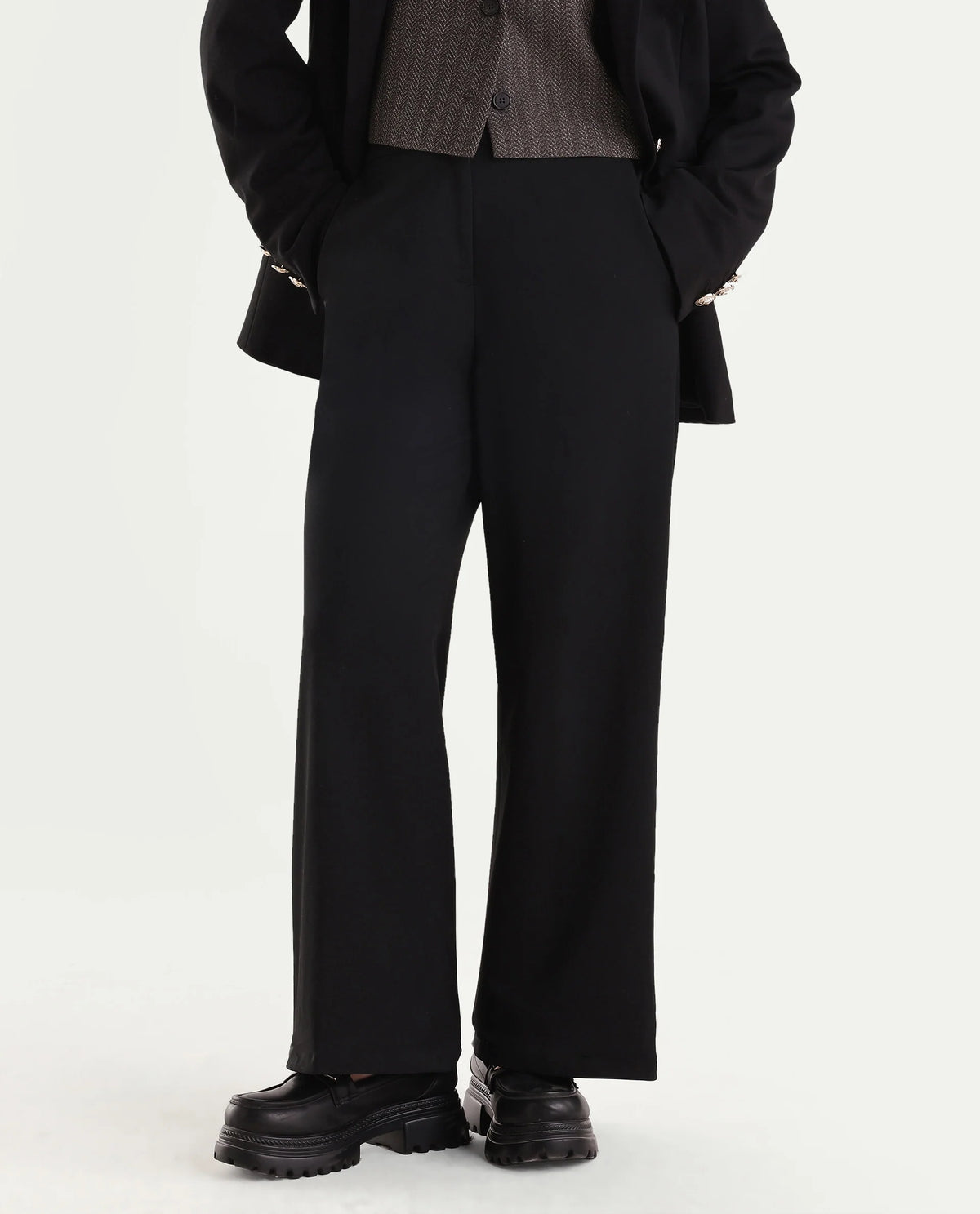 Rareism Women's Widraw Primary Black Polyester Blend Button And Zip Wide Leg Plain Trouser