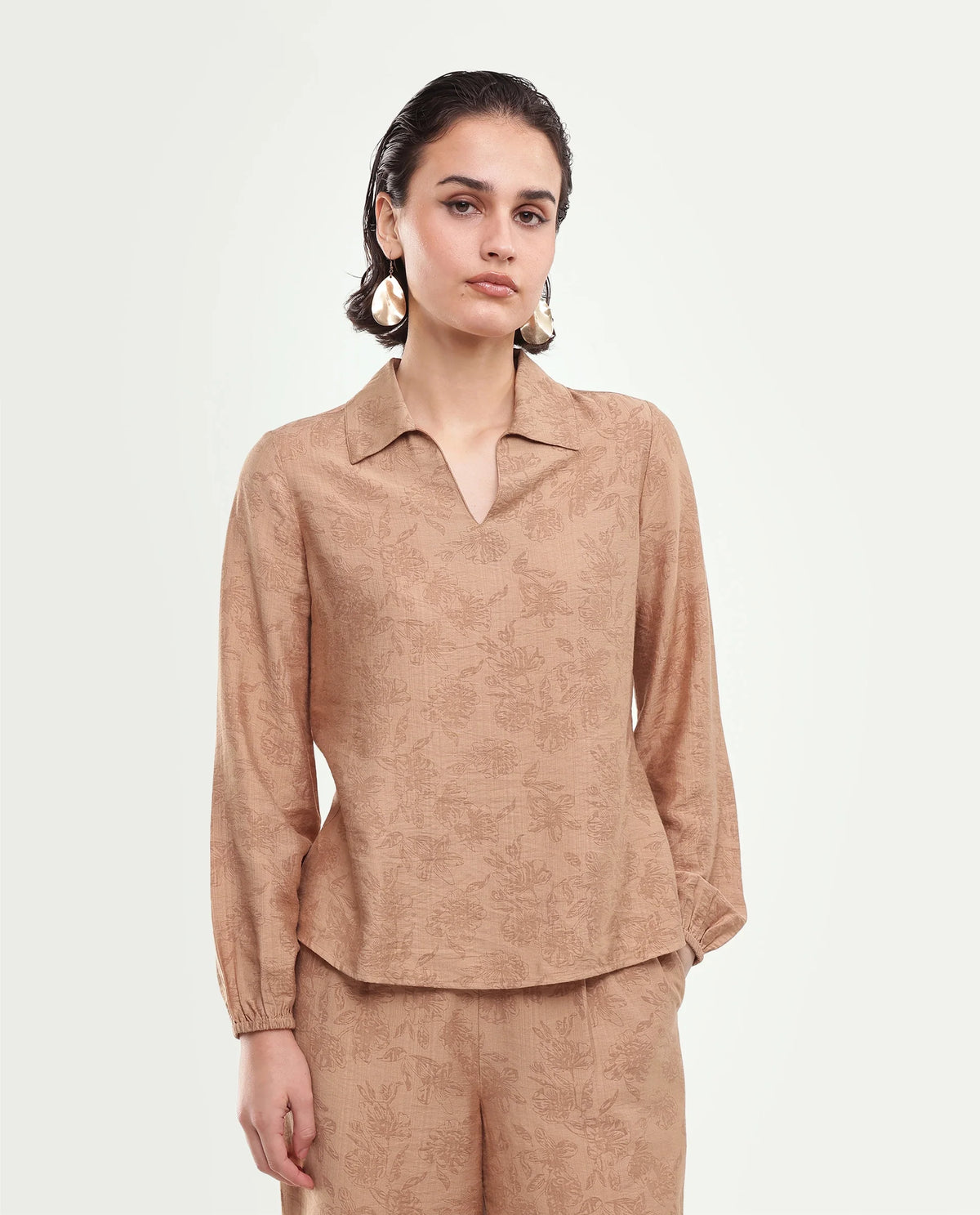 Rareism Women's Yev-T Light Brown Floral Viscose Blend Regular Long Sleeves Top