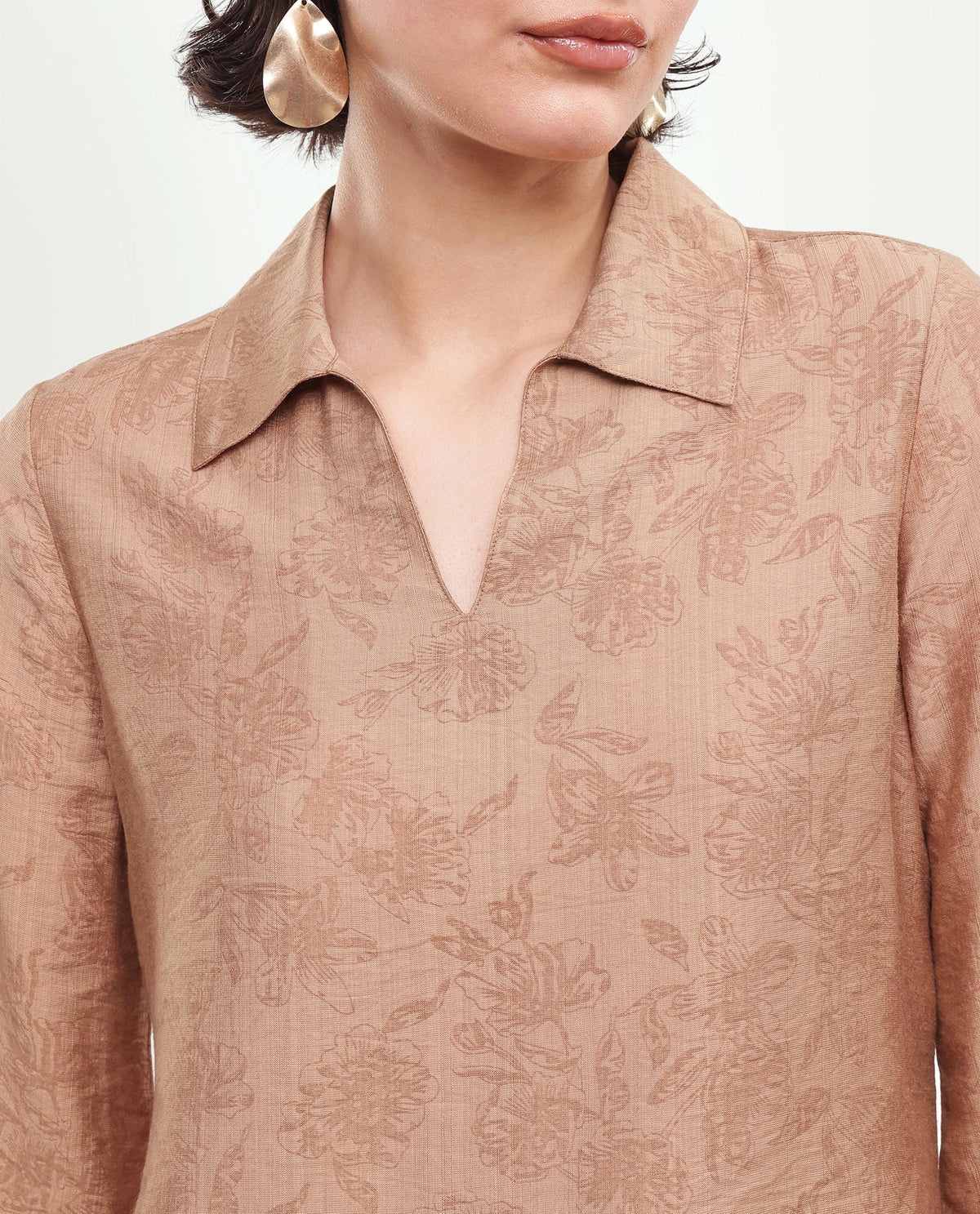 Rareism Women's Yev-T Light Brown Floral Viscose Blend Regular Long Sleeves Top