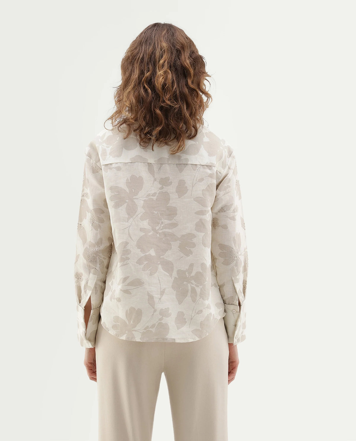Rareism Women's Rubic Primary Beige Linen Blend Spread Collar Button Relaxed Floral Print Shirt