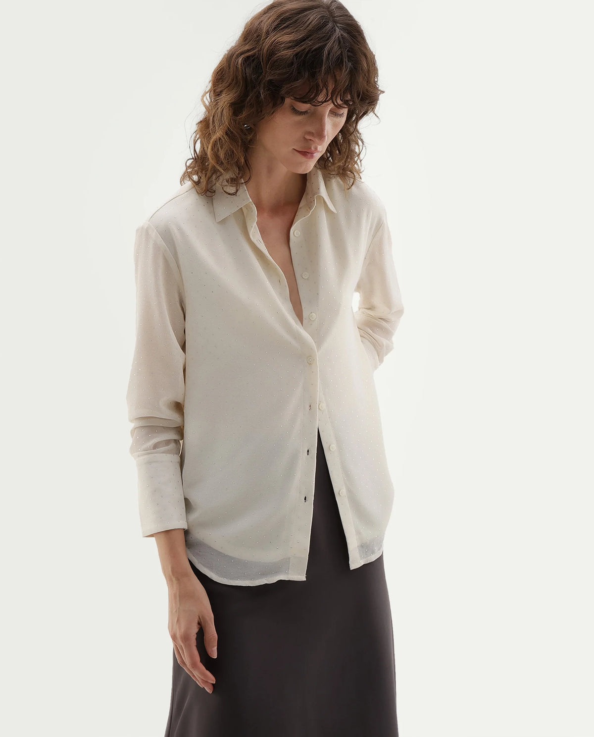 Rareism Women's Crotia Primary Beige Polyester Spread Collar Regular Plain Shirt