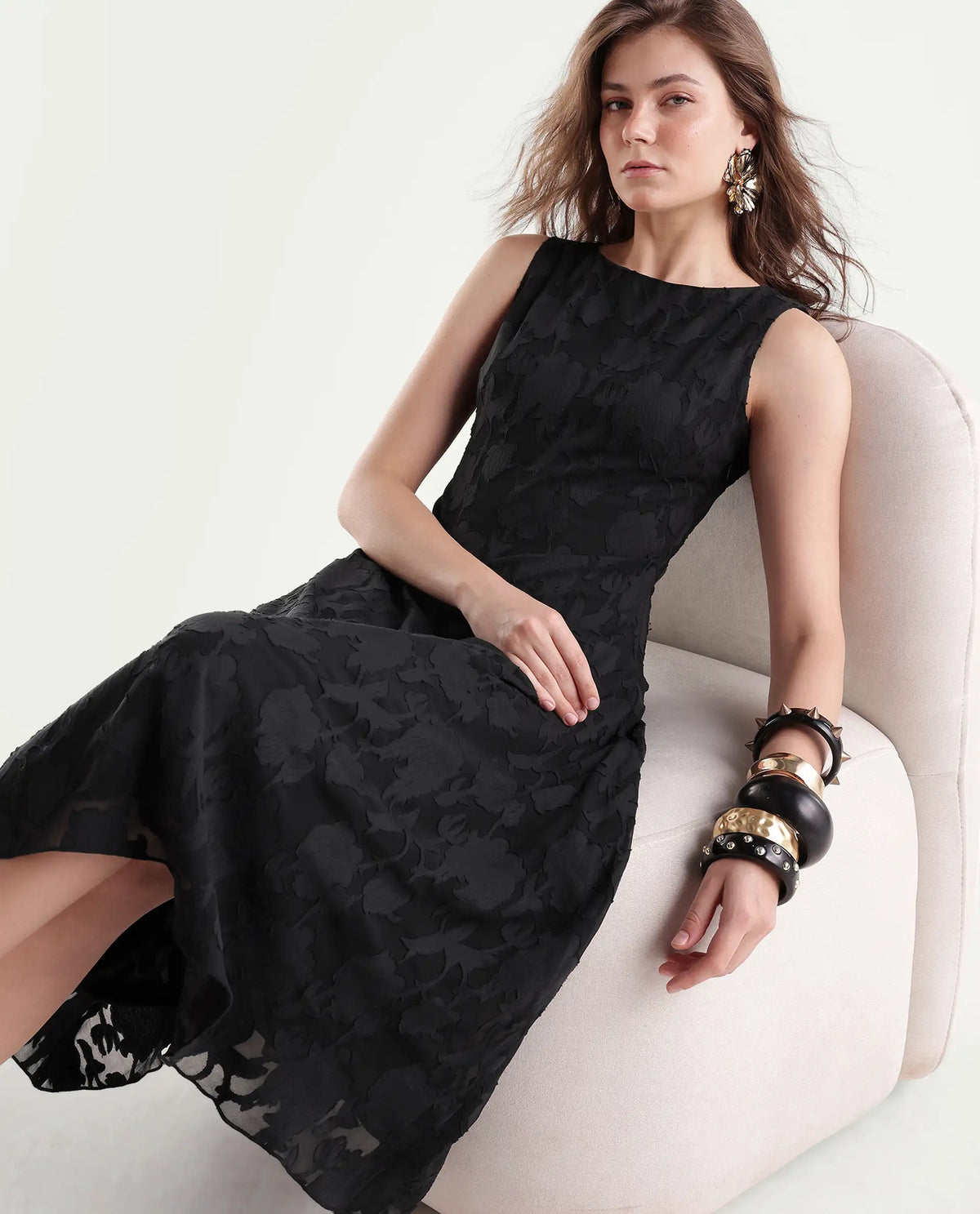 Rareism Women's Pam Primary Black Polyester Boat Neck Fit And Flare Plain Dress