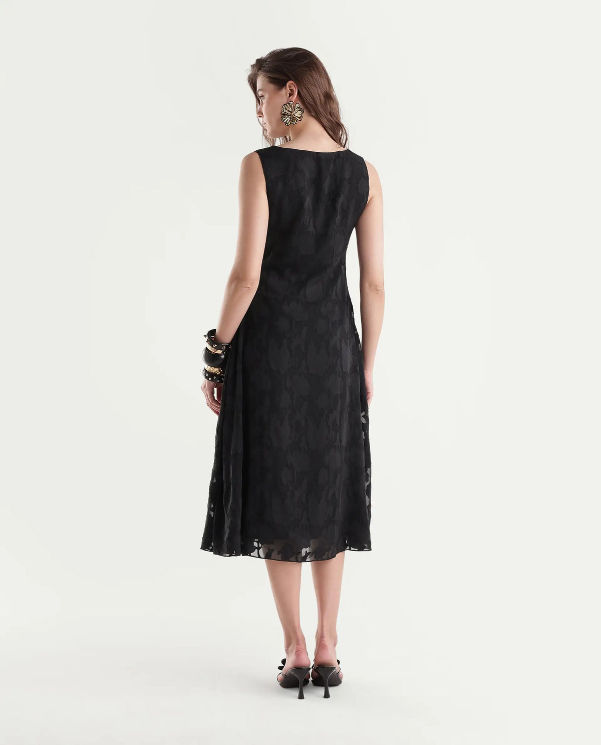 Rareism Women's Pam Primary Black Polyester Boat Neck Fit And Flare Plain Dress