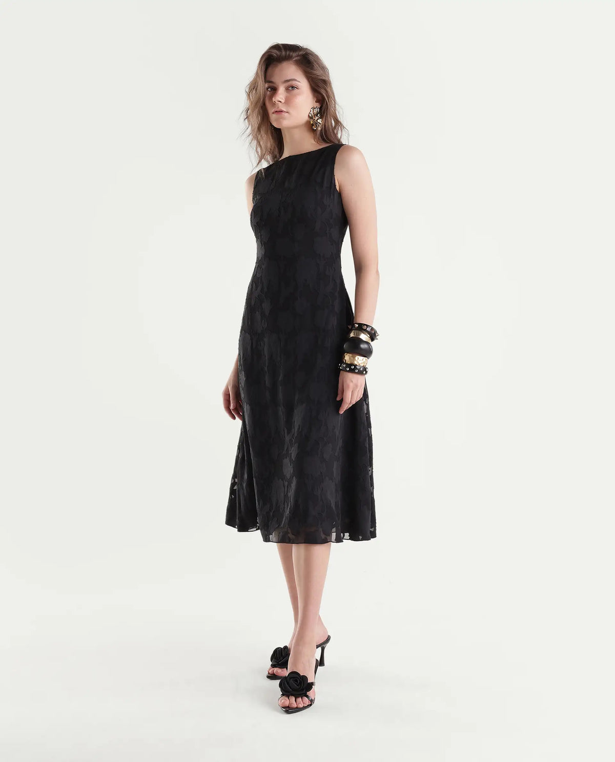 Rareism Women's Pam Primary Black Polyester Boat Neck Fit And Flare Plain Dress