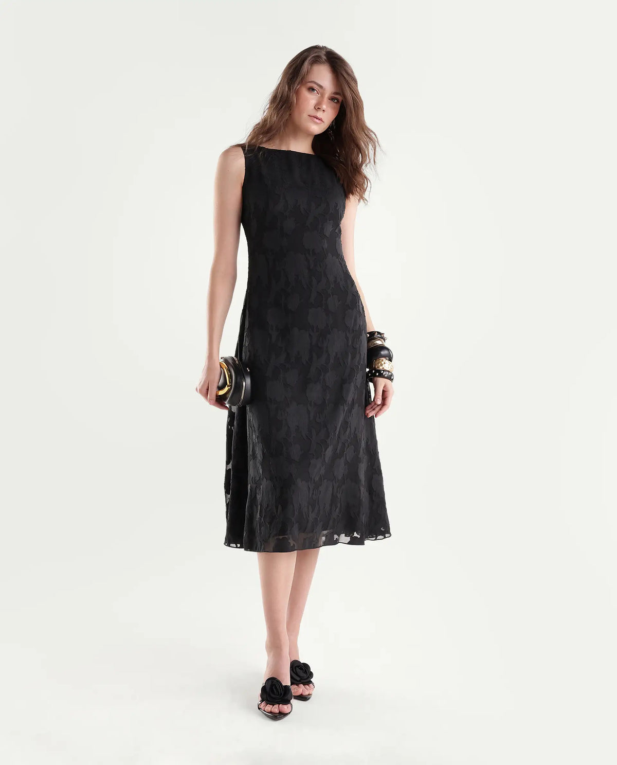 Rareism Women's Pam Primary Black Polyester Boat Neck Fit And Flare Plain Dress