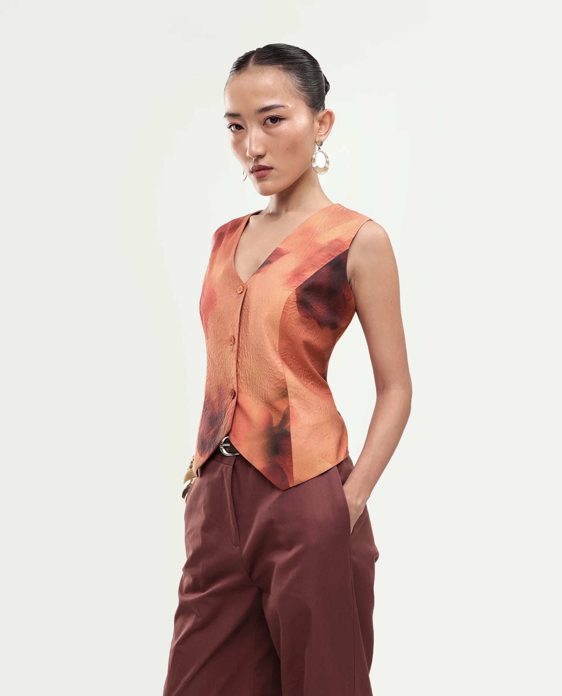 Rareism Women's Glyn-T Rust Polyester Blend Button Regular Fit Waist Coat