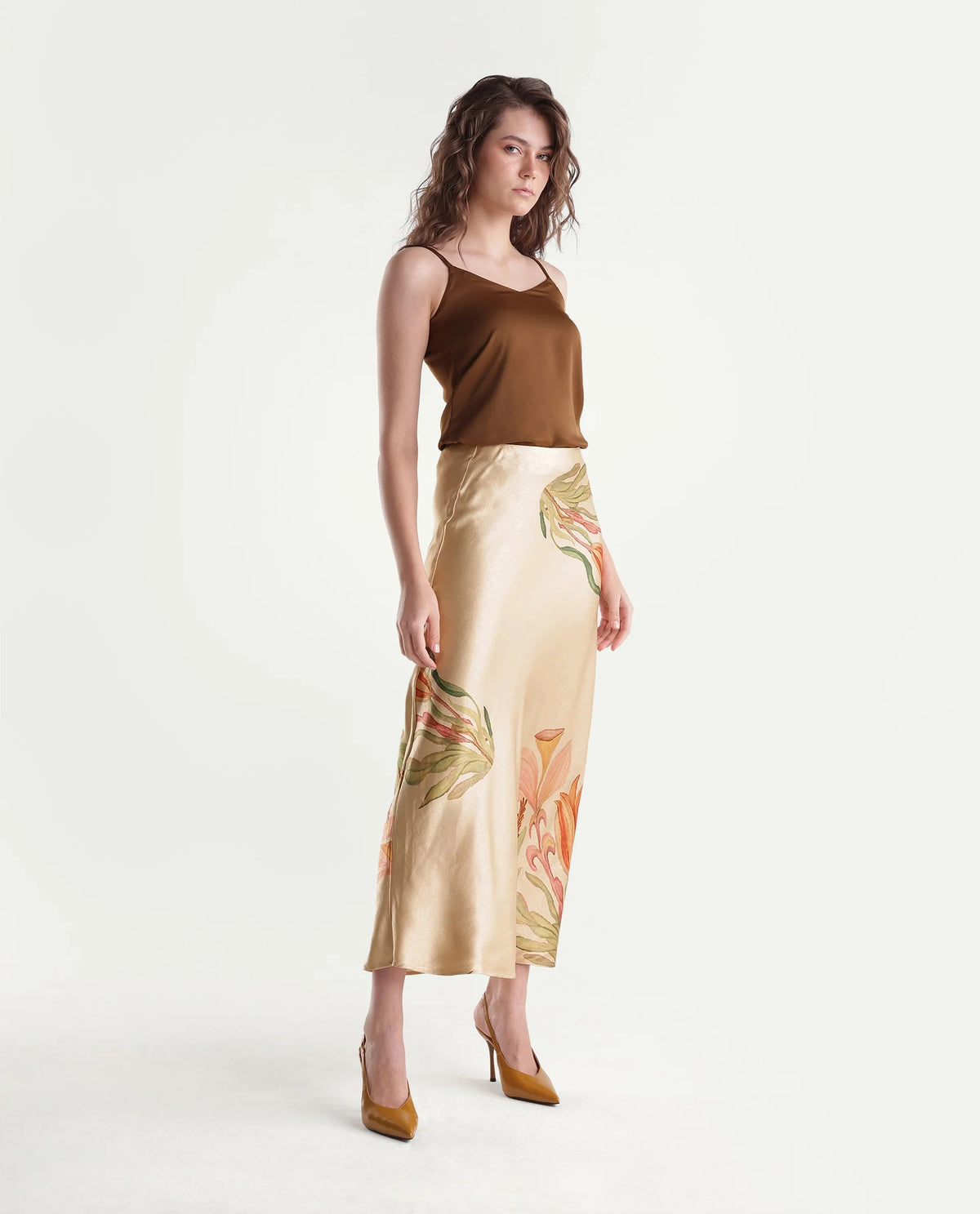 Rareism Women's Gale-B Beige Polyester Elastic Flared Printed Skirt