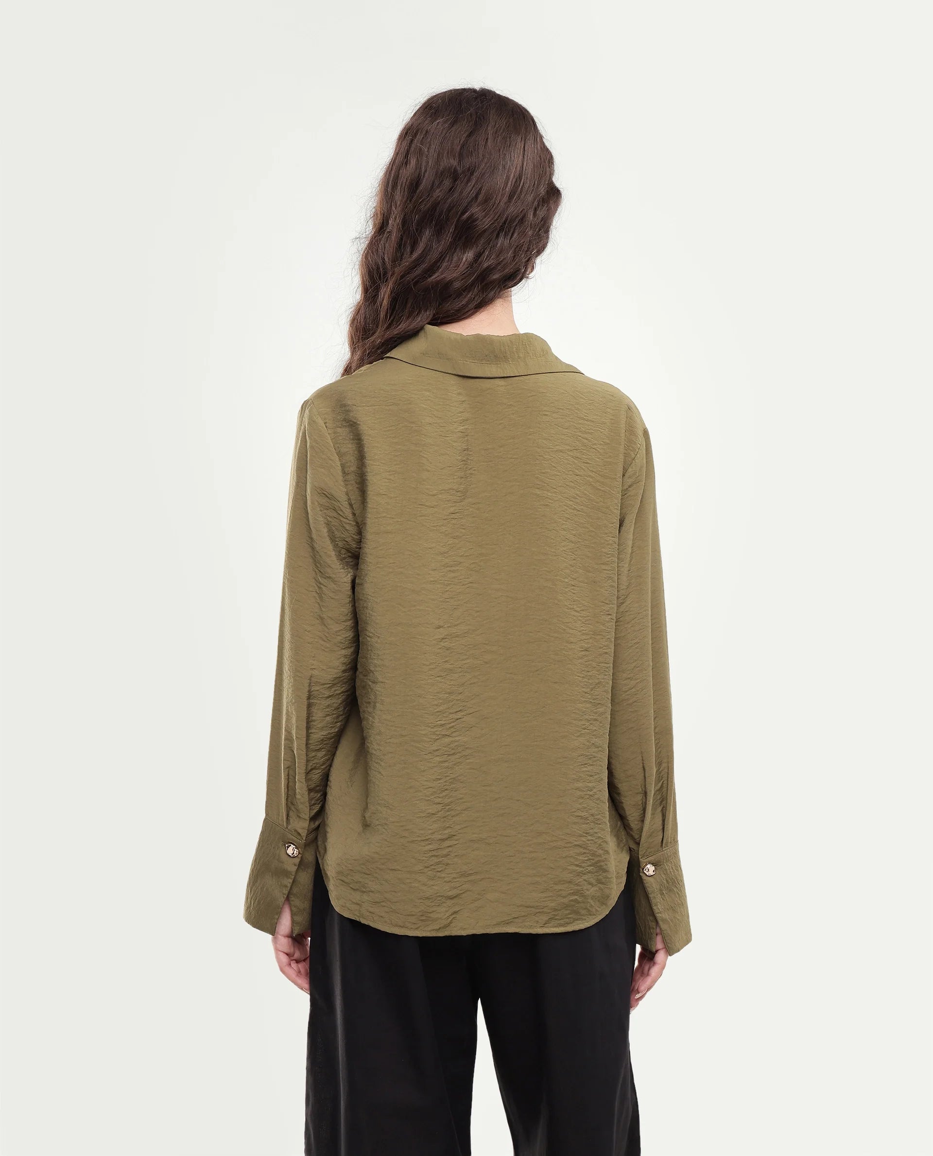 Rareism Women's Gini Olive Plain Viscose Blend Regular Long Sleeves Shirt