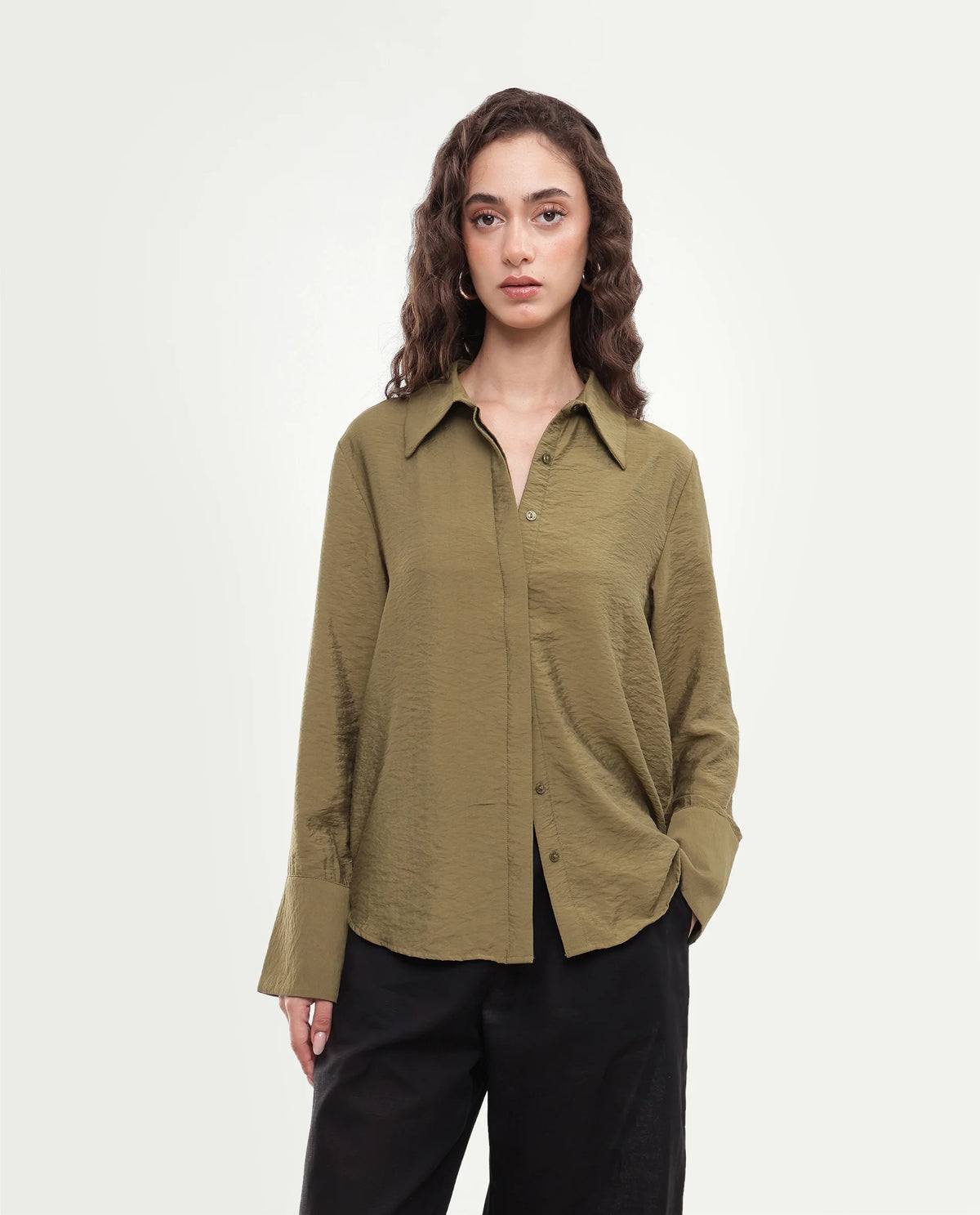 Rareism Women's Gini Olive Plain Viscose Blend Regular Long Sleeves Shirt