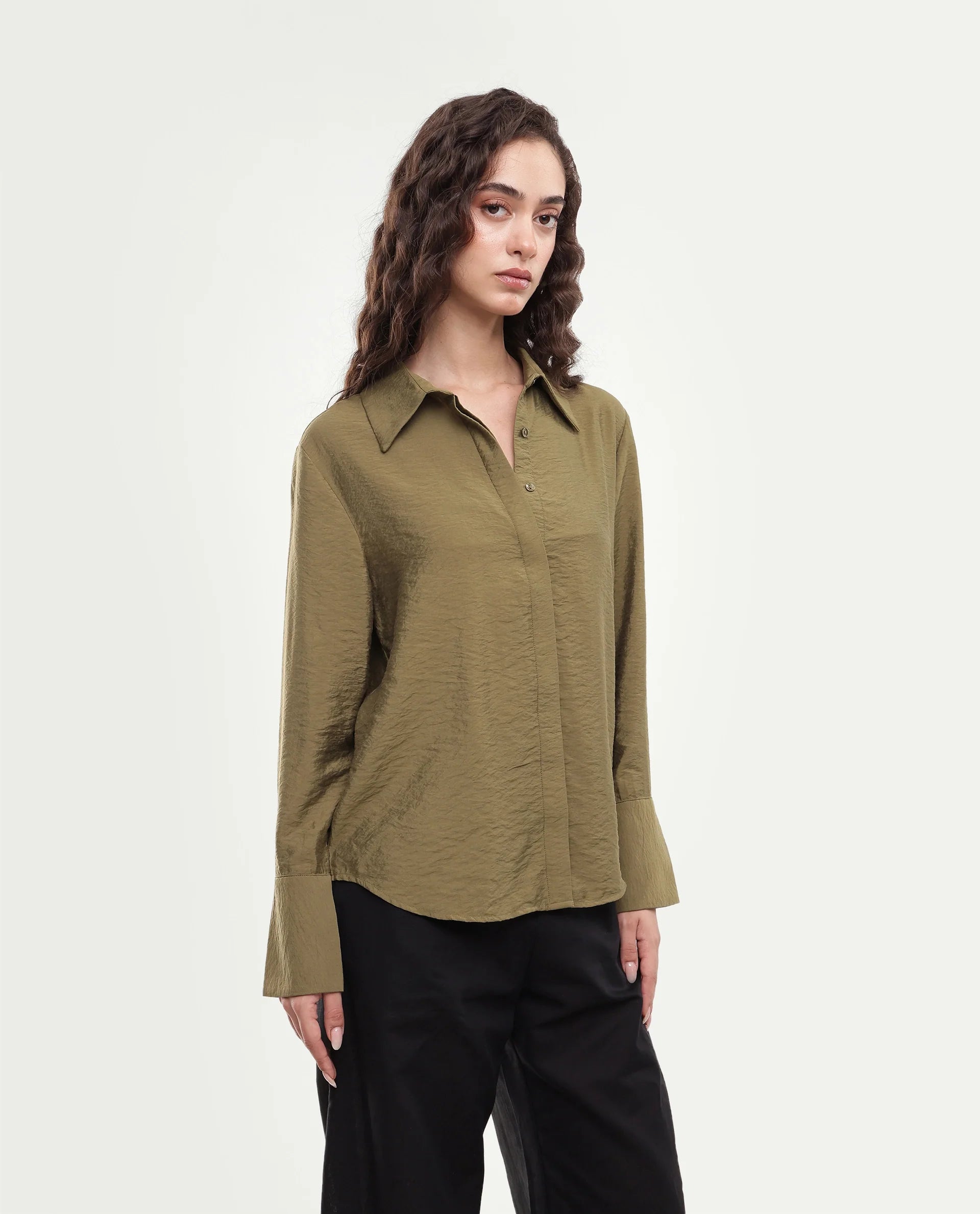 Rareism Women's Gini Olive Plain Viscose Blend Regular Long Sleeves Shirt