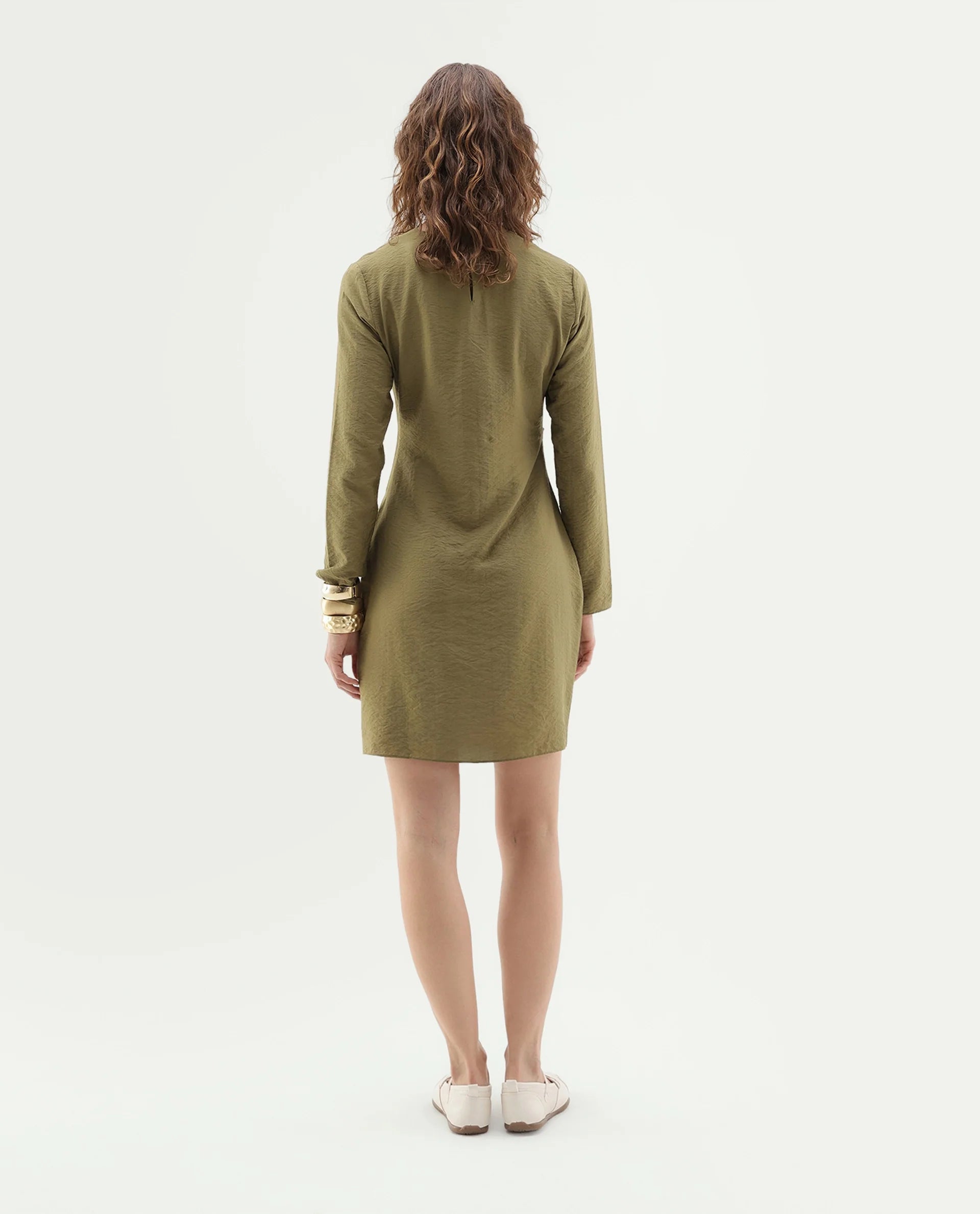 Rareism Women's Ginik Olive Viscose Blend Button Balloon Dress