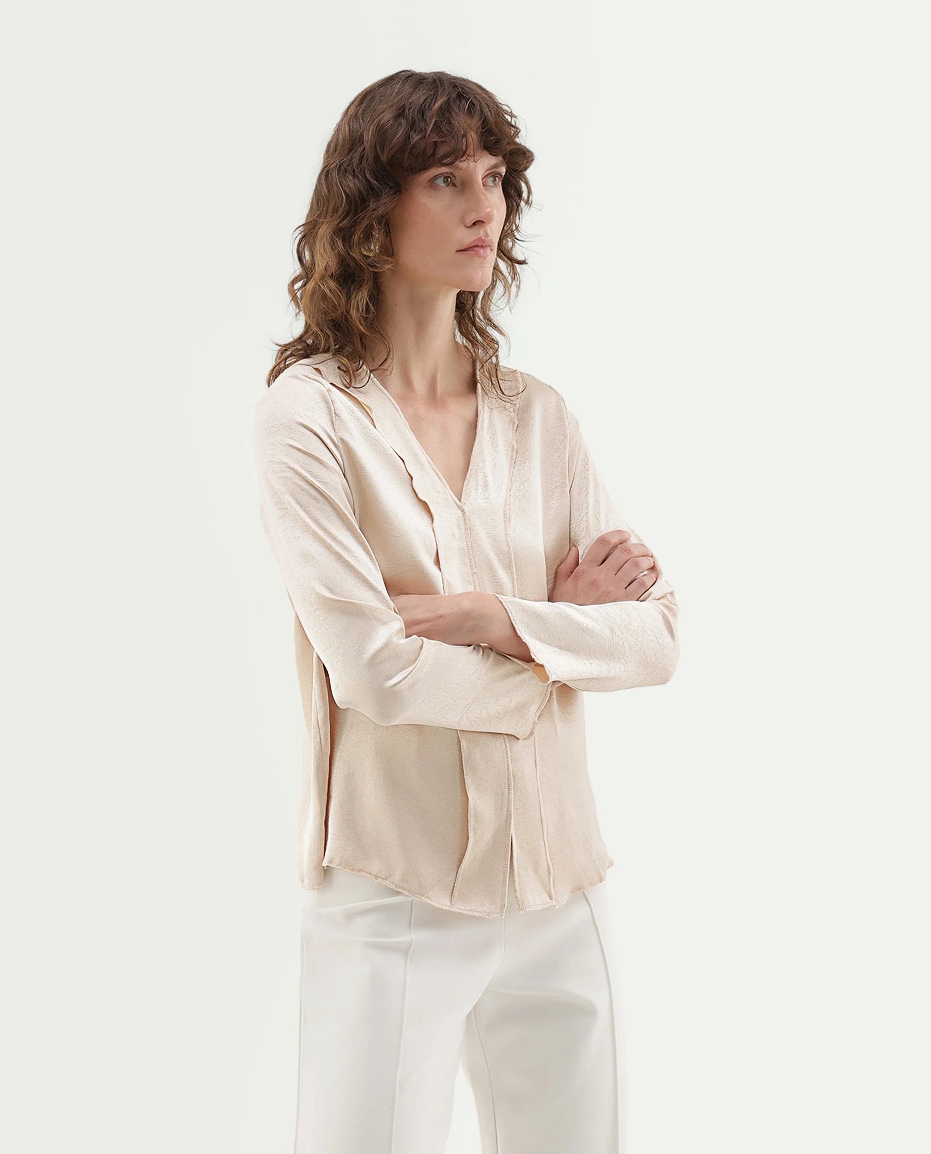 Rareism Women's Glan Beige Polyester Relaxed Fit Top