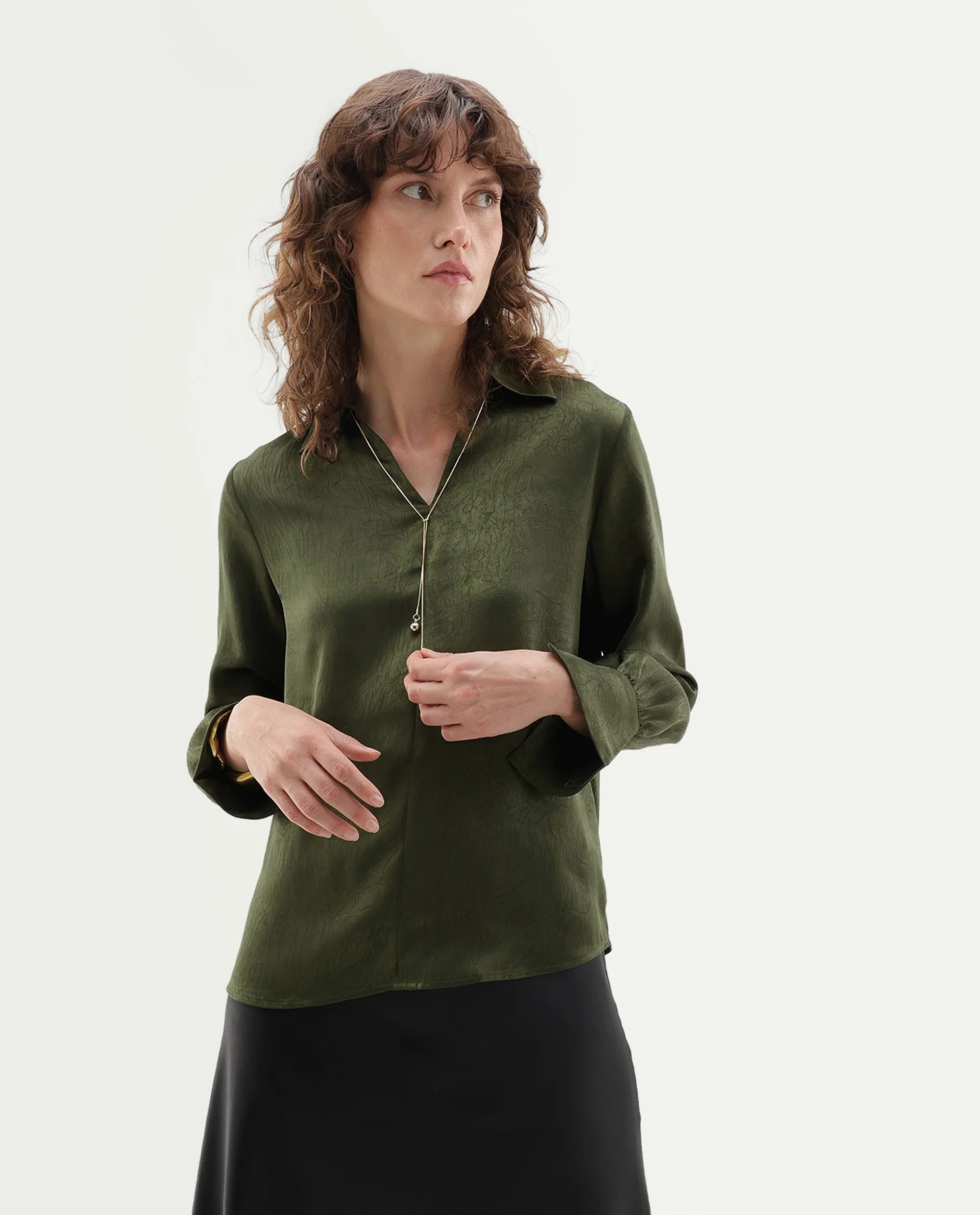 Rareism Women's Glania Dark Olive Polyester Regular Fit Top