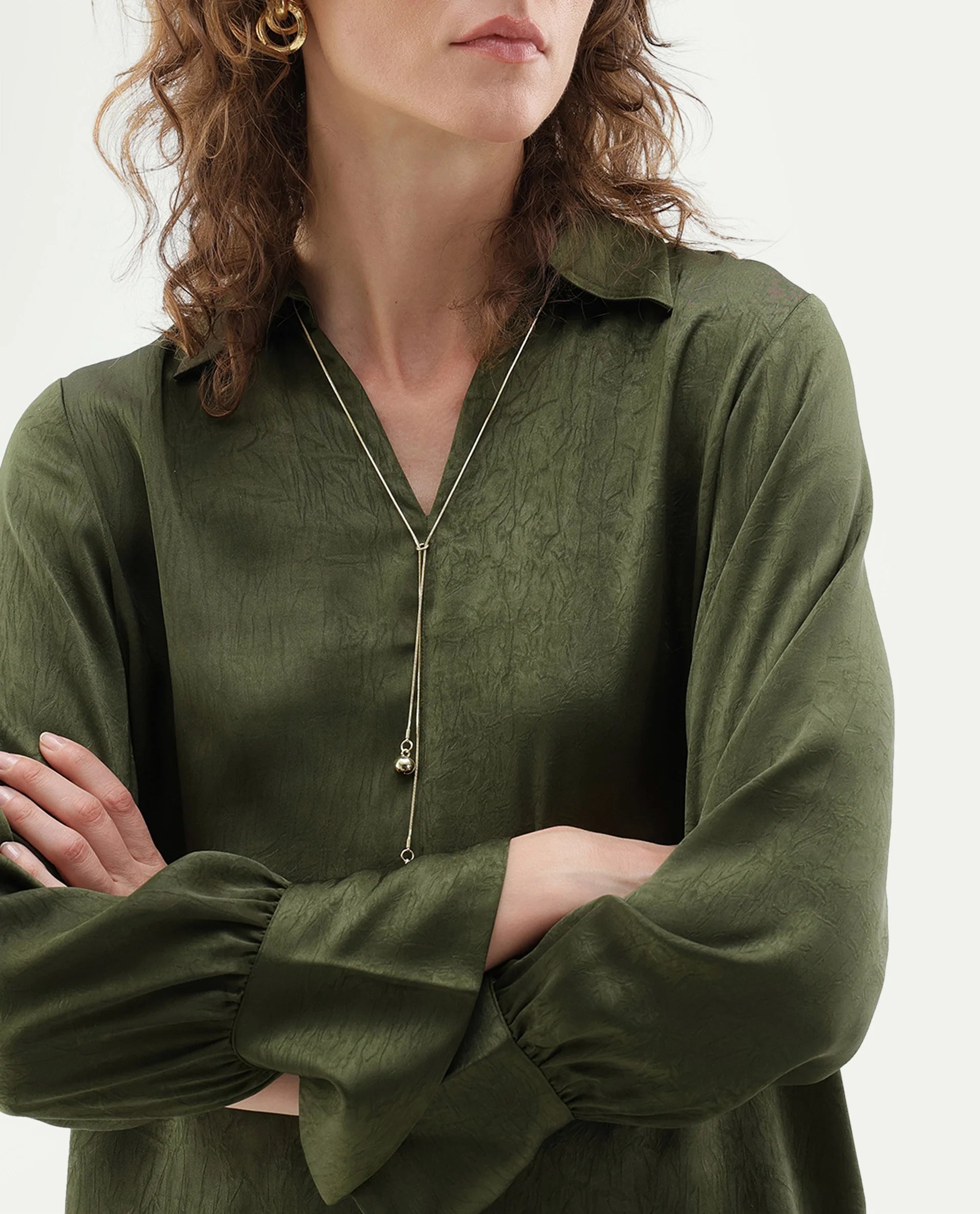 Rareism Women's Glania Dark Olive Polyester Regular Fit Top