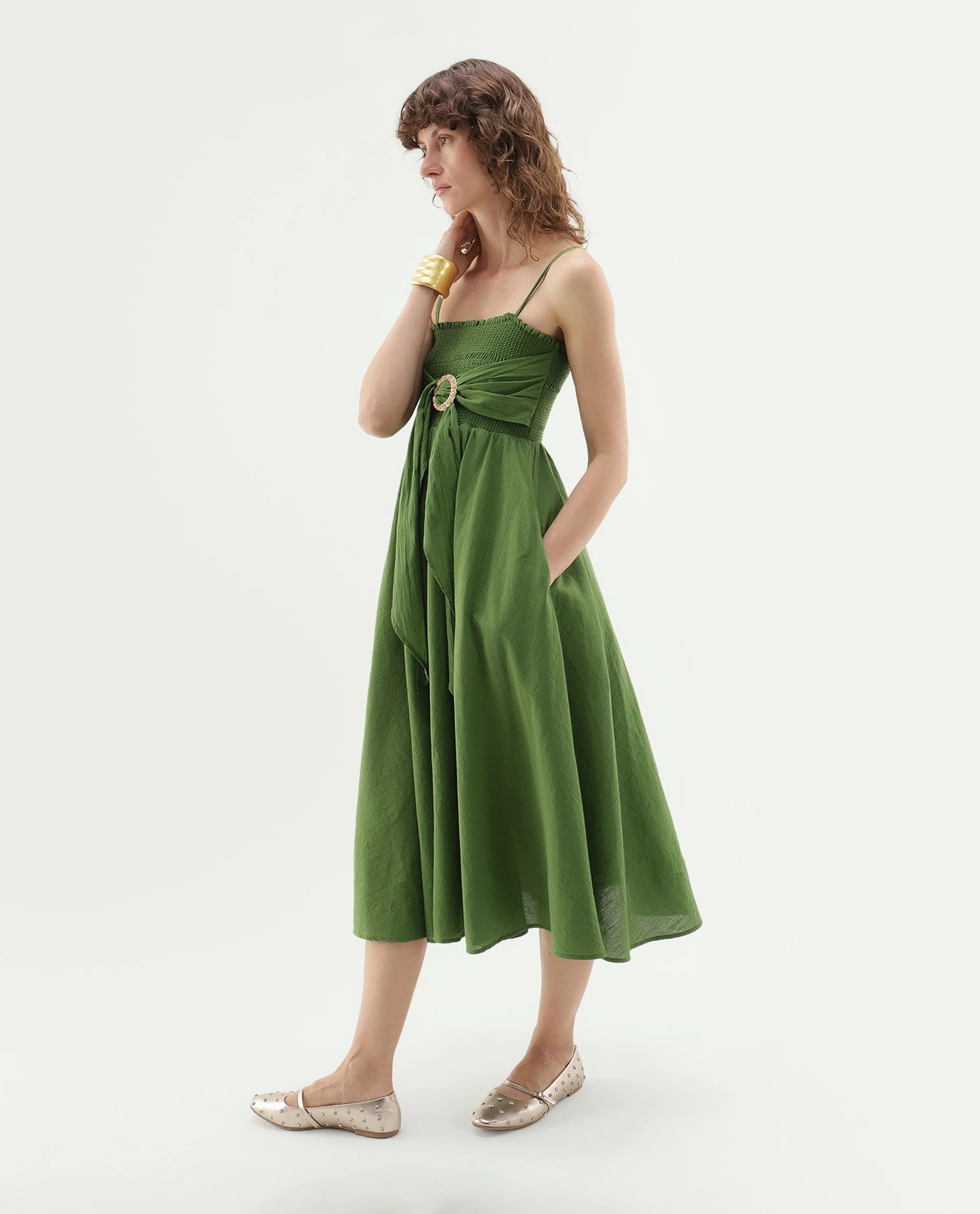 Rareism Women's Girty Green Cotton Elastic Fit And Flare Dress