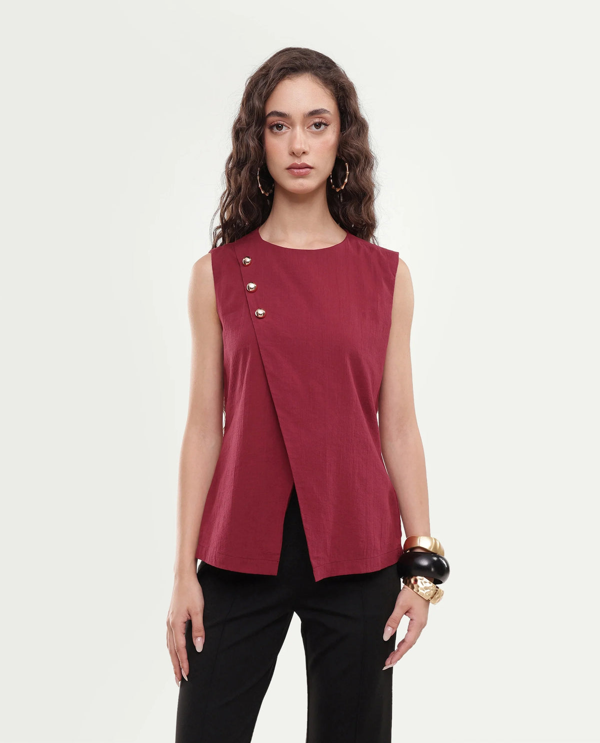 Rareism Women's Fent Dark Red Cotton Button Shift Top