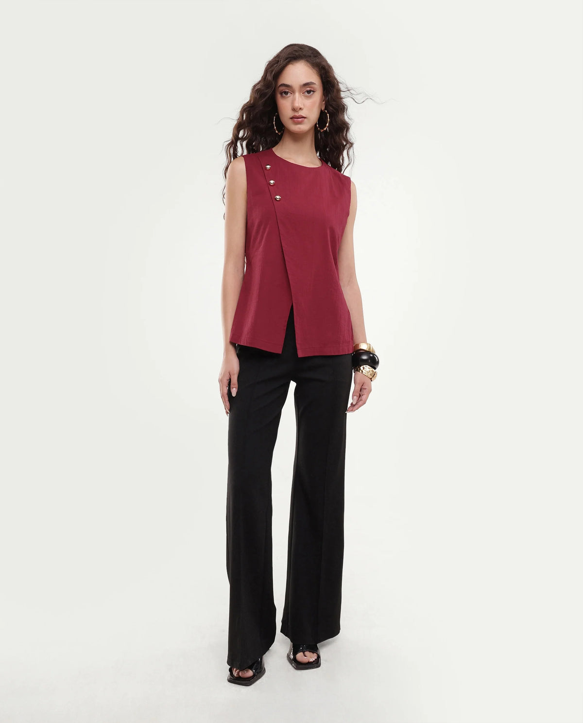 Rareism Women's Fent Dark Red Cotton Button Shift Top