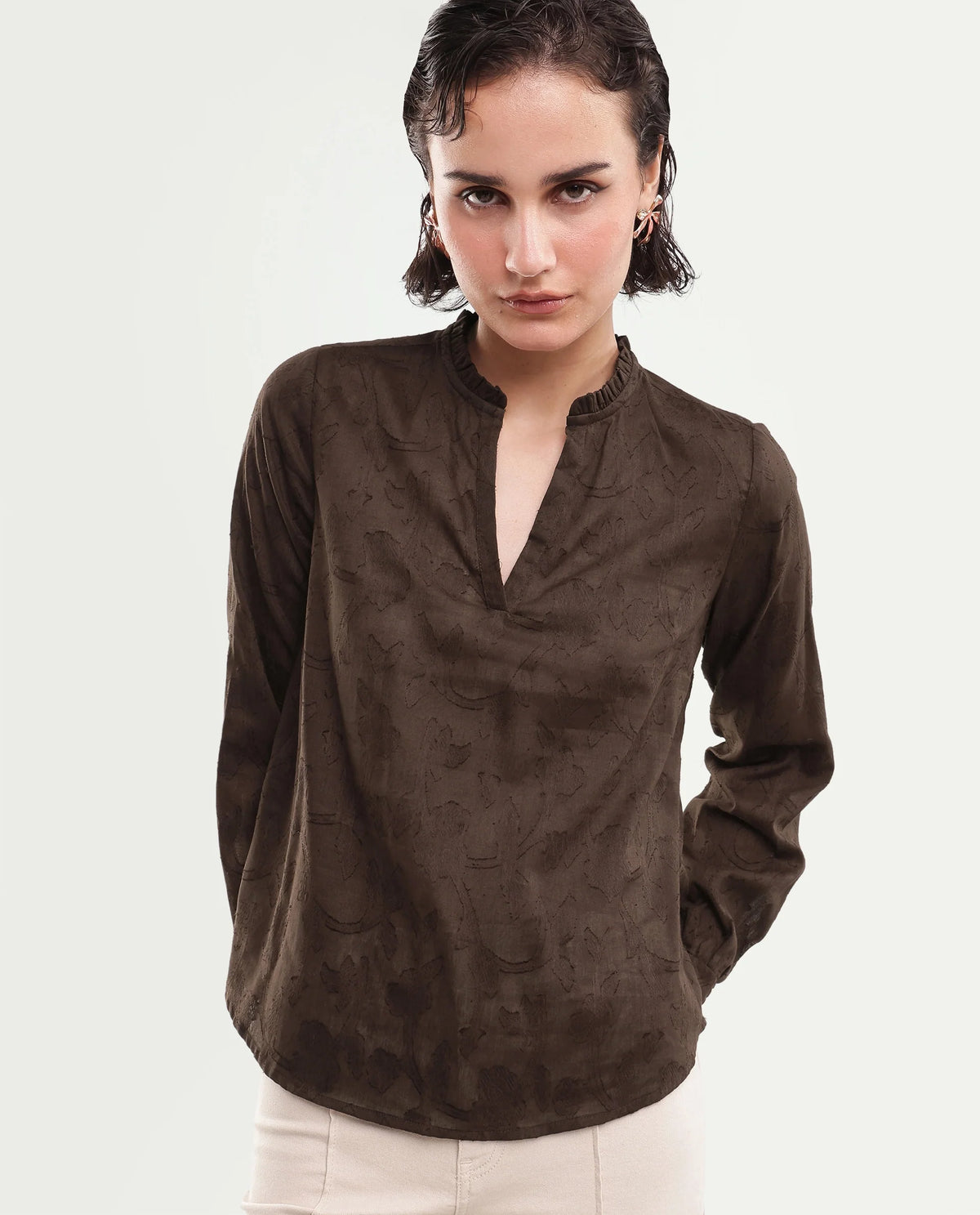 Rareism Women's Fom Dark Brown Abstract Cotton Regular Long Sleeves Top