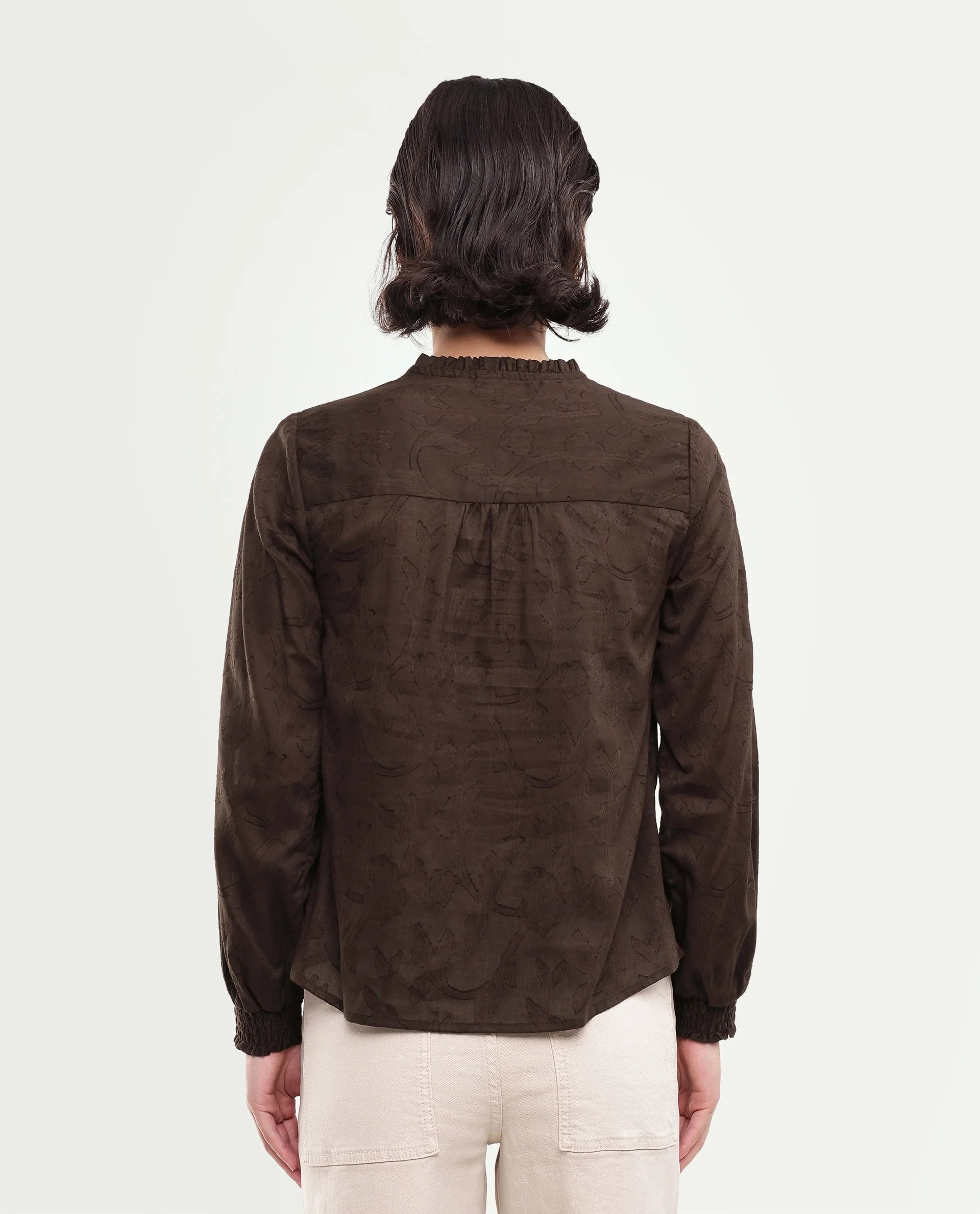 Rareism Women's Fom Dark Brown Abstract Cotton Regular Long Sleeves Top
