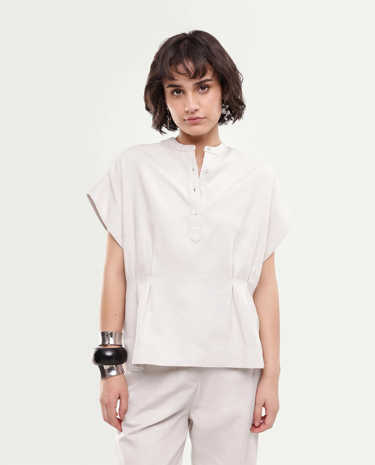 Rareism Women's Fite-T Light Beige Plain Linen Blend Boxy Short Sleeves Top