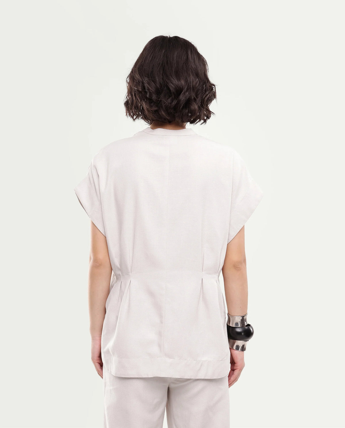 Rareism Women's Fite-T Light Beige Plain Linen Blend Boxy Short Sleeves Top