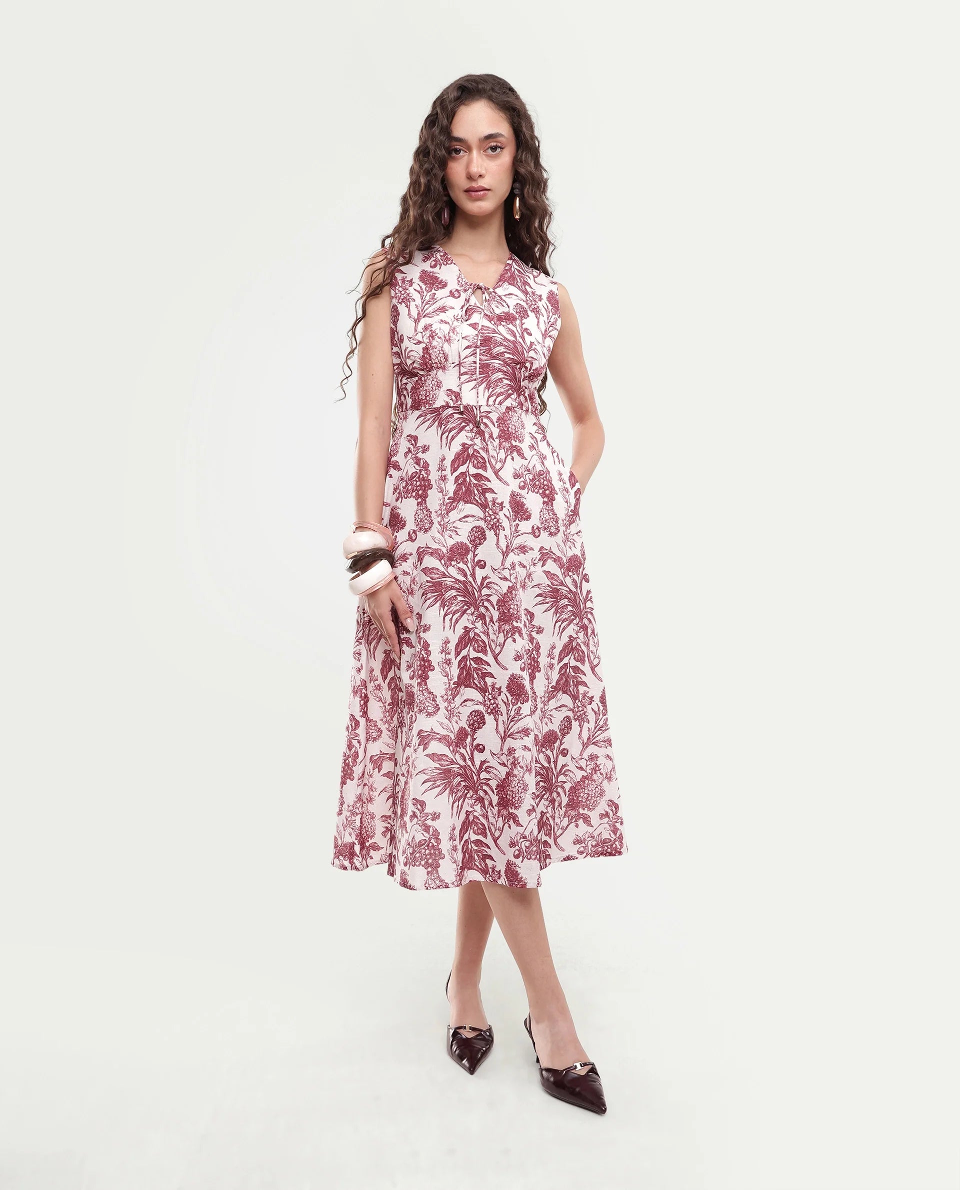 Rareism Women's Fon Red Cotton Button And Zip Fit And Flare Printed Dress