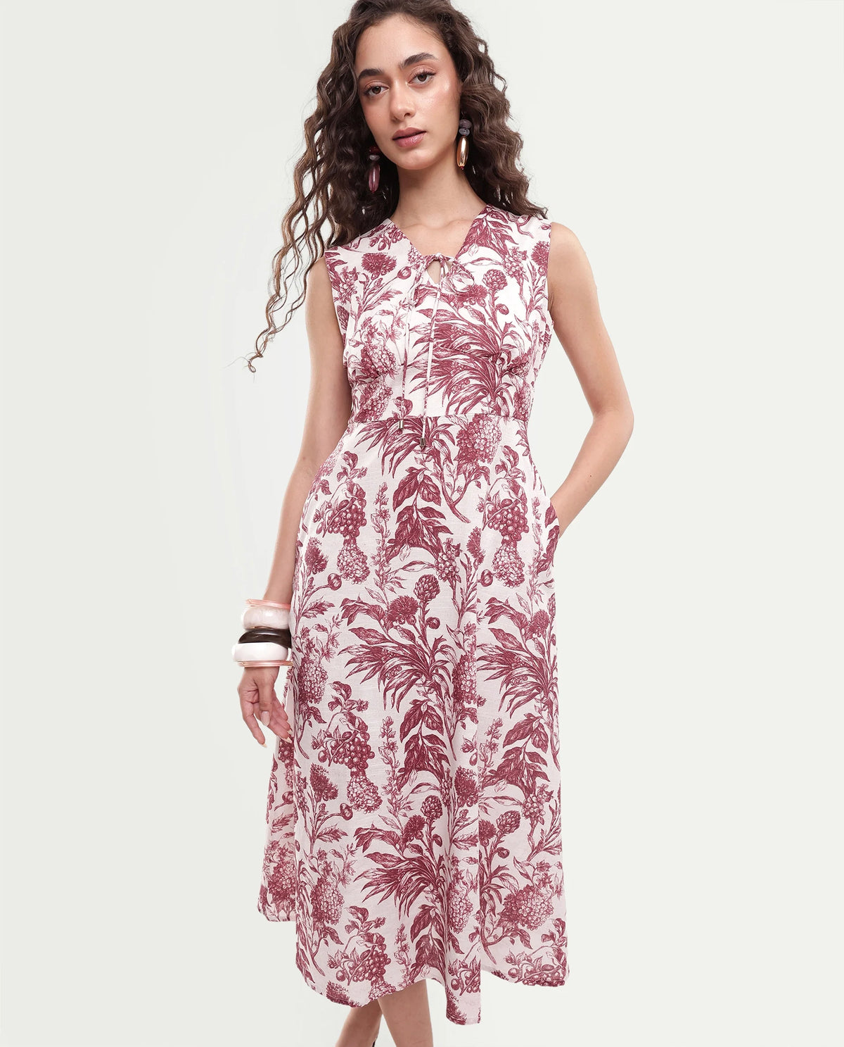 Rareism Women's Fon Red Cotton Button And Zip Fit And Flare Printed Dress