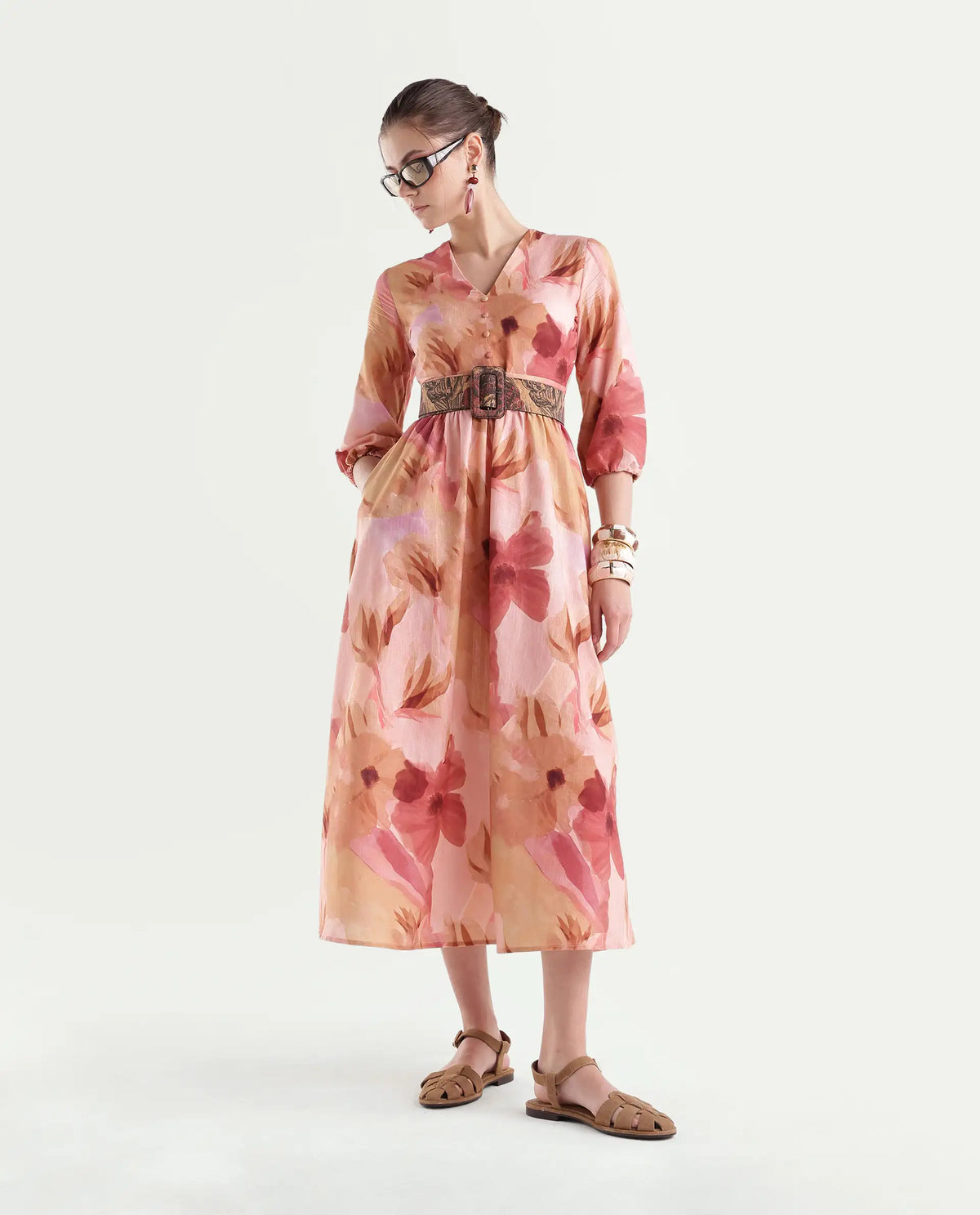 Rareism Women's Futox Multi Cotton Button And Zip Fit And Flare Floral Print Dress